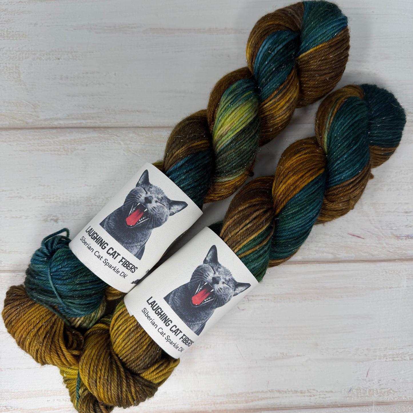 two skeins of sparkle DK hand dyed yarn by Laughing Cat Fibers in their Winter colorway 