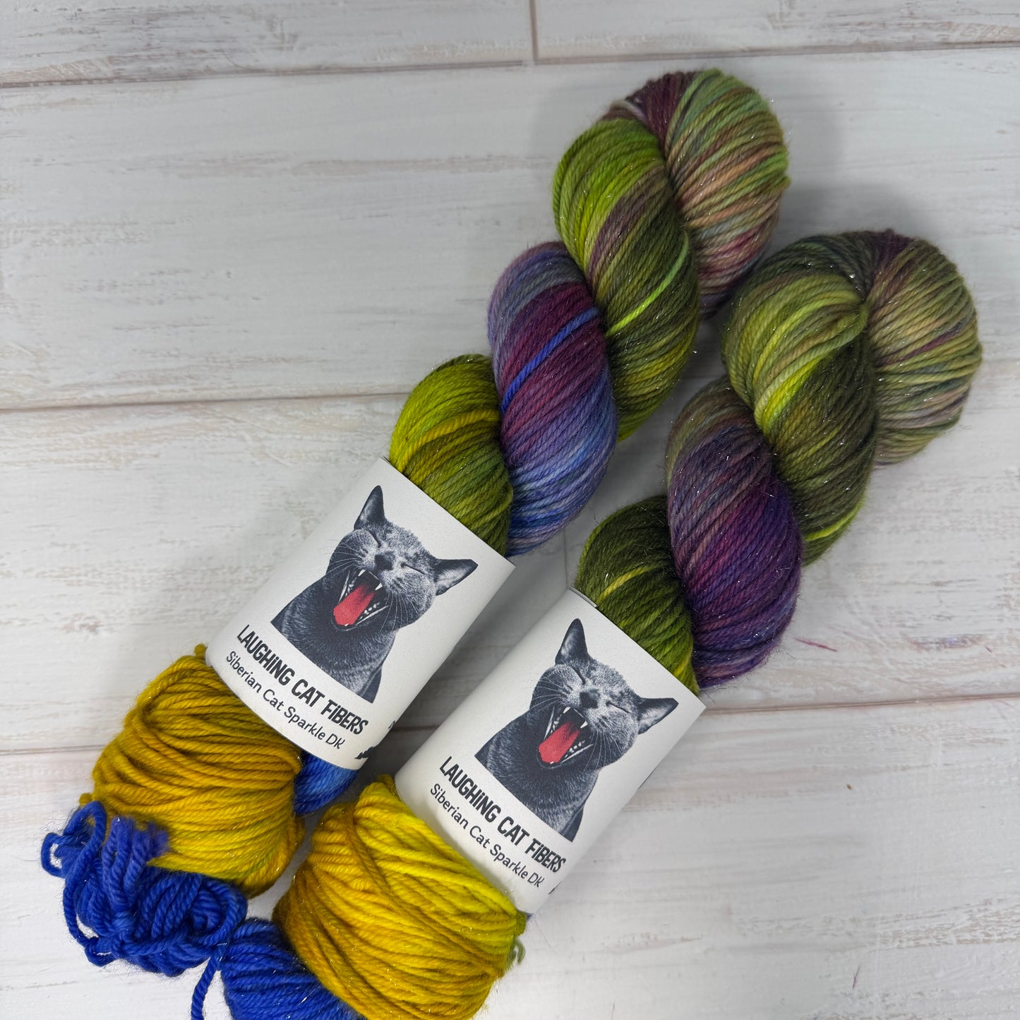 two skeins of Siberian Cat Sparkle DK hand dyed yarn by Laughing Cat Fibers in their Water Lilies 1916 colorway 