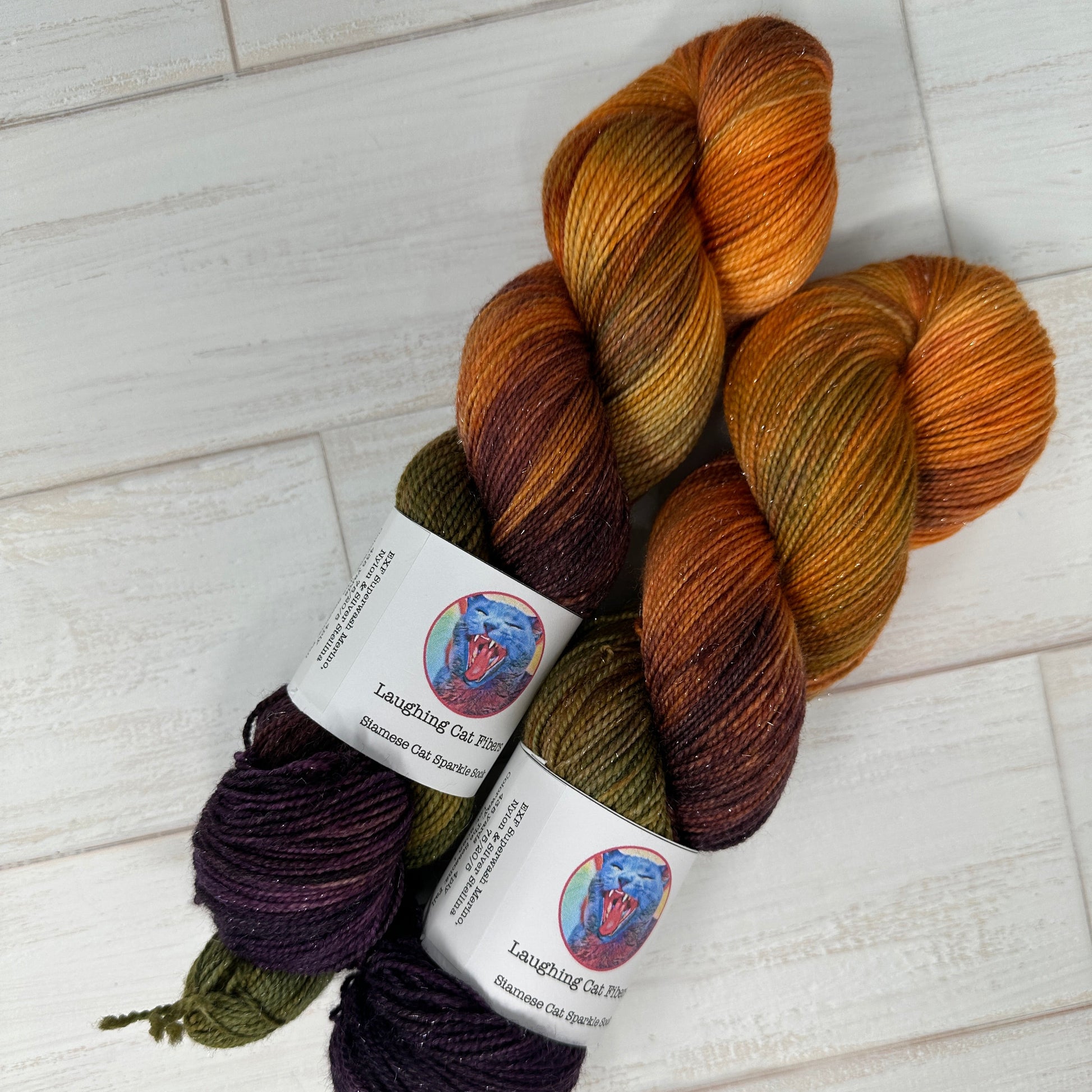 two skeins of sparkle sock yarn hand dyed by Laughing Cat Fibers in their Fall colorway 