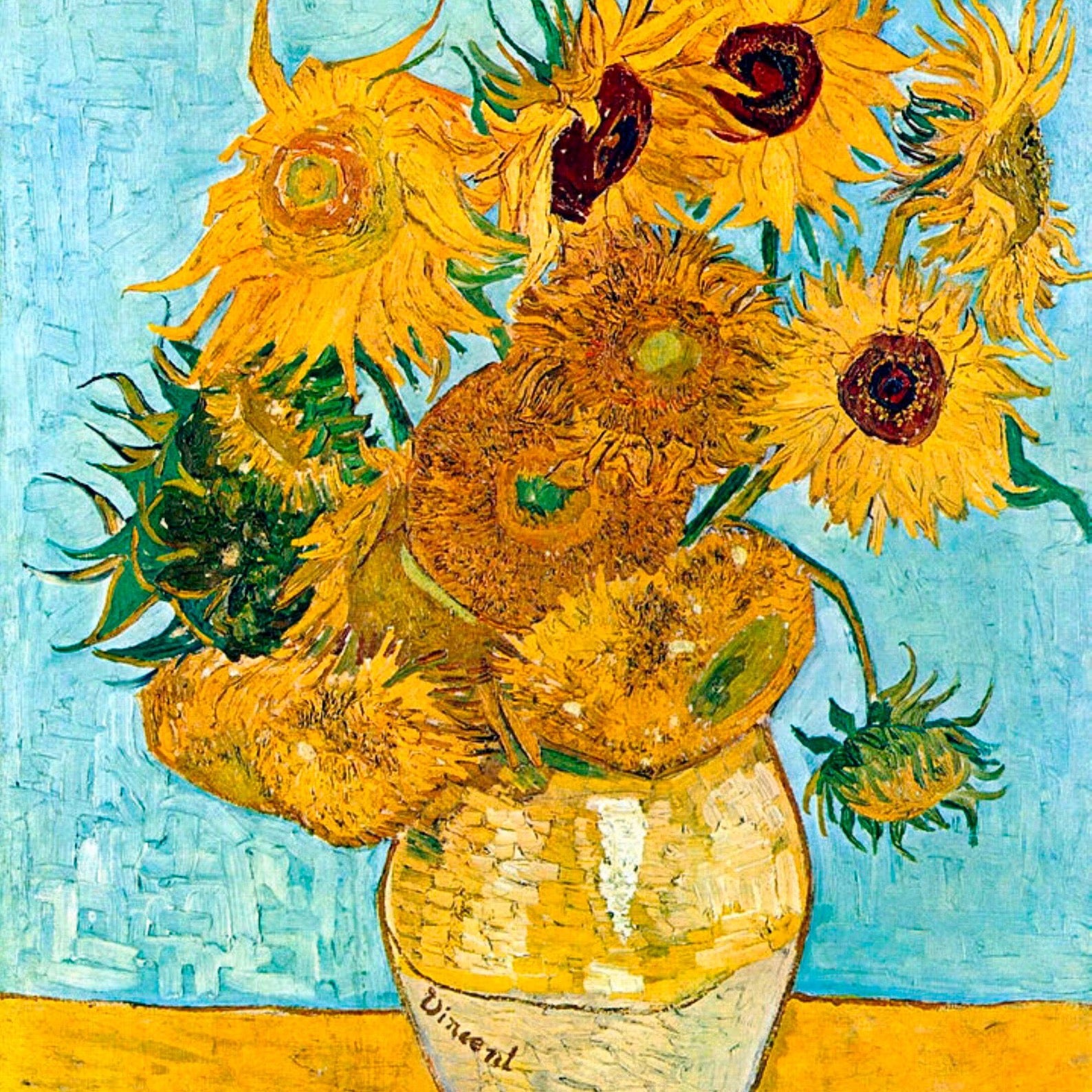 Vase with Twelve Sunflowers by Vincent van Gogh on a blue and yellow background