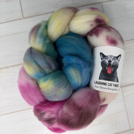 wool roving hand dyed by Laughing Cat Fibers in their Let Them Eat Cake colorway 