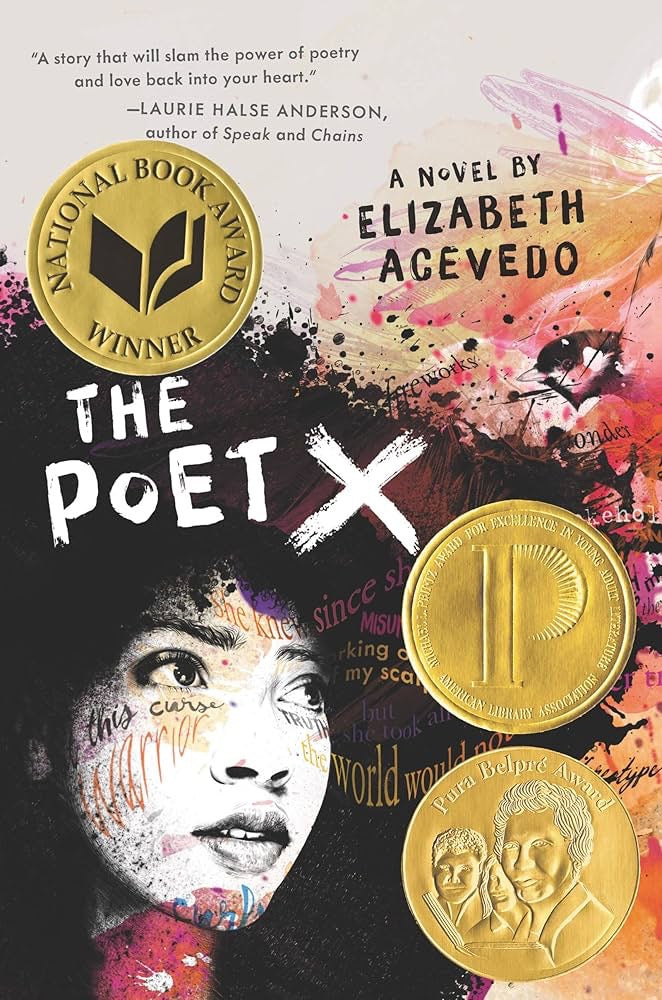 Book cover of 'The Poet X' by Elizabeth Acevedo with gold coins and a face.
