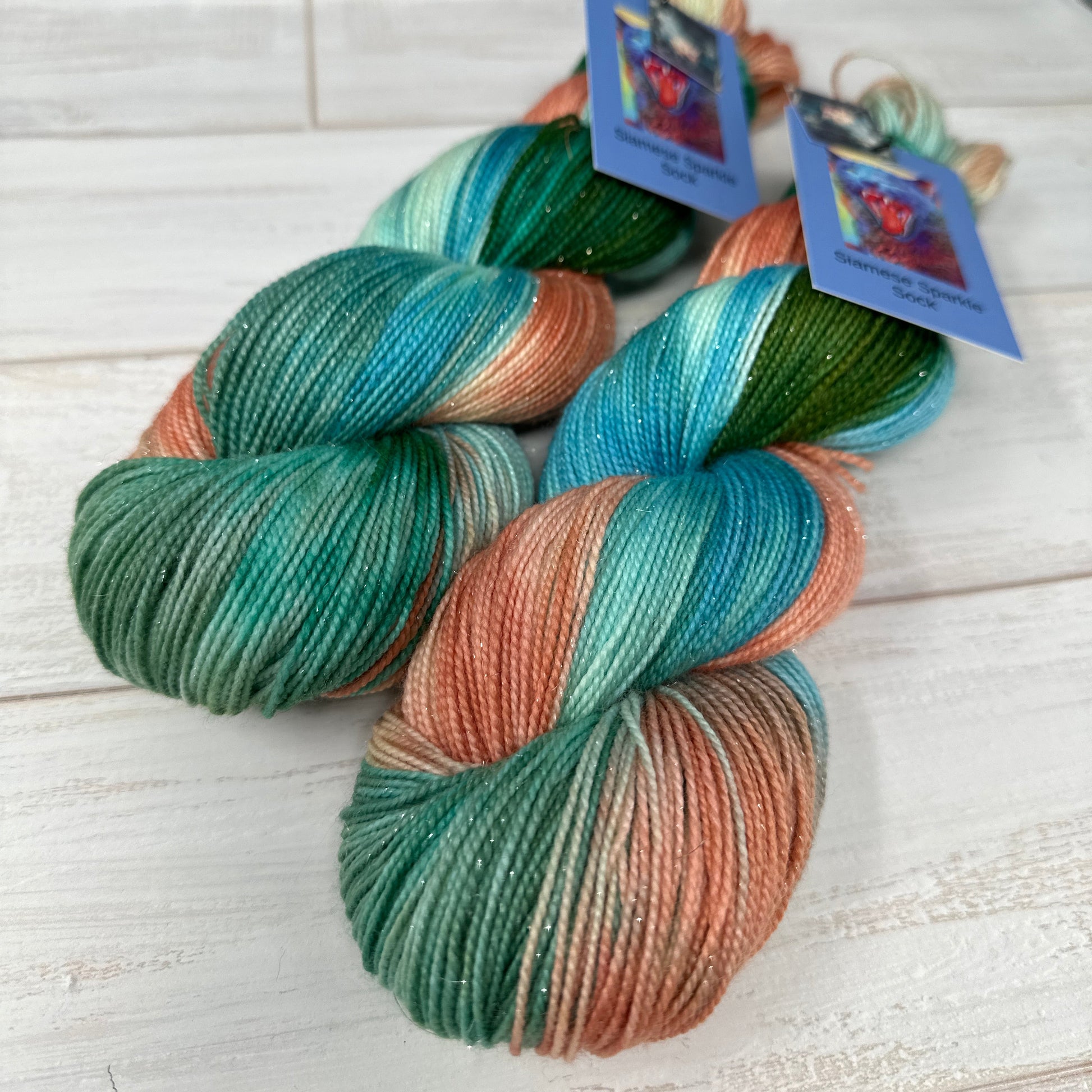 two skeins of sparkle sock yarn hand dyed by Laughing Cat Fibers in their colorway The Swing