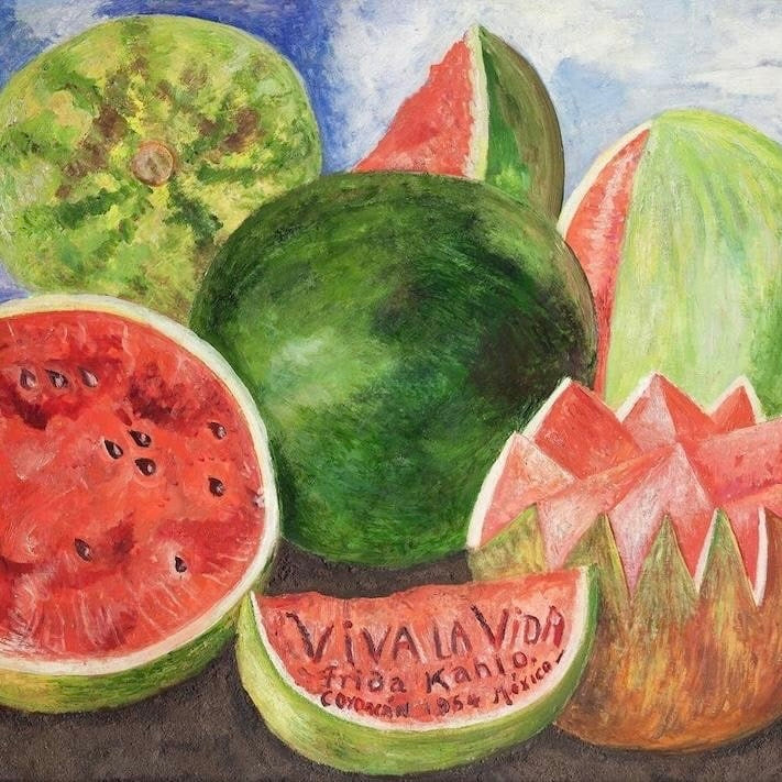 Illustration of watermelons with a 'Viva La Vida' message on a colorful background