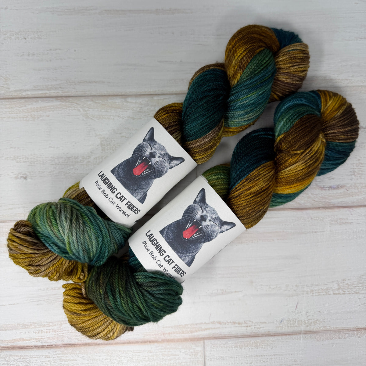 two skeins of hand dyed worsted weight yarn by Laughing Cat Fibers in their Winter colorway 