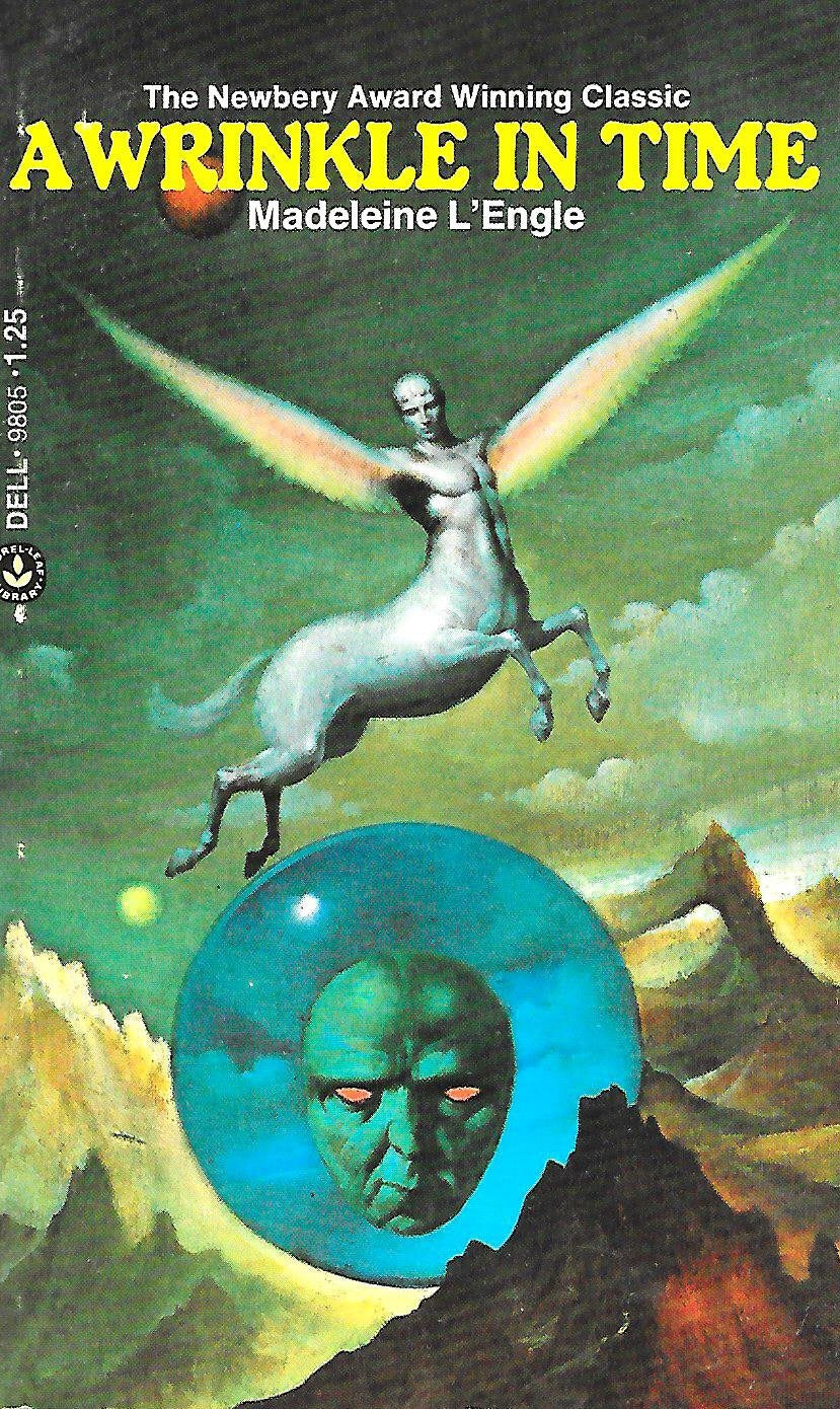 Book cover of 'A Wrinkle in Time' with a futuristic scene and flying creature.