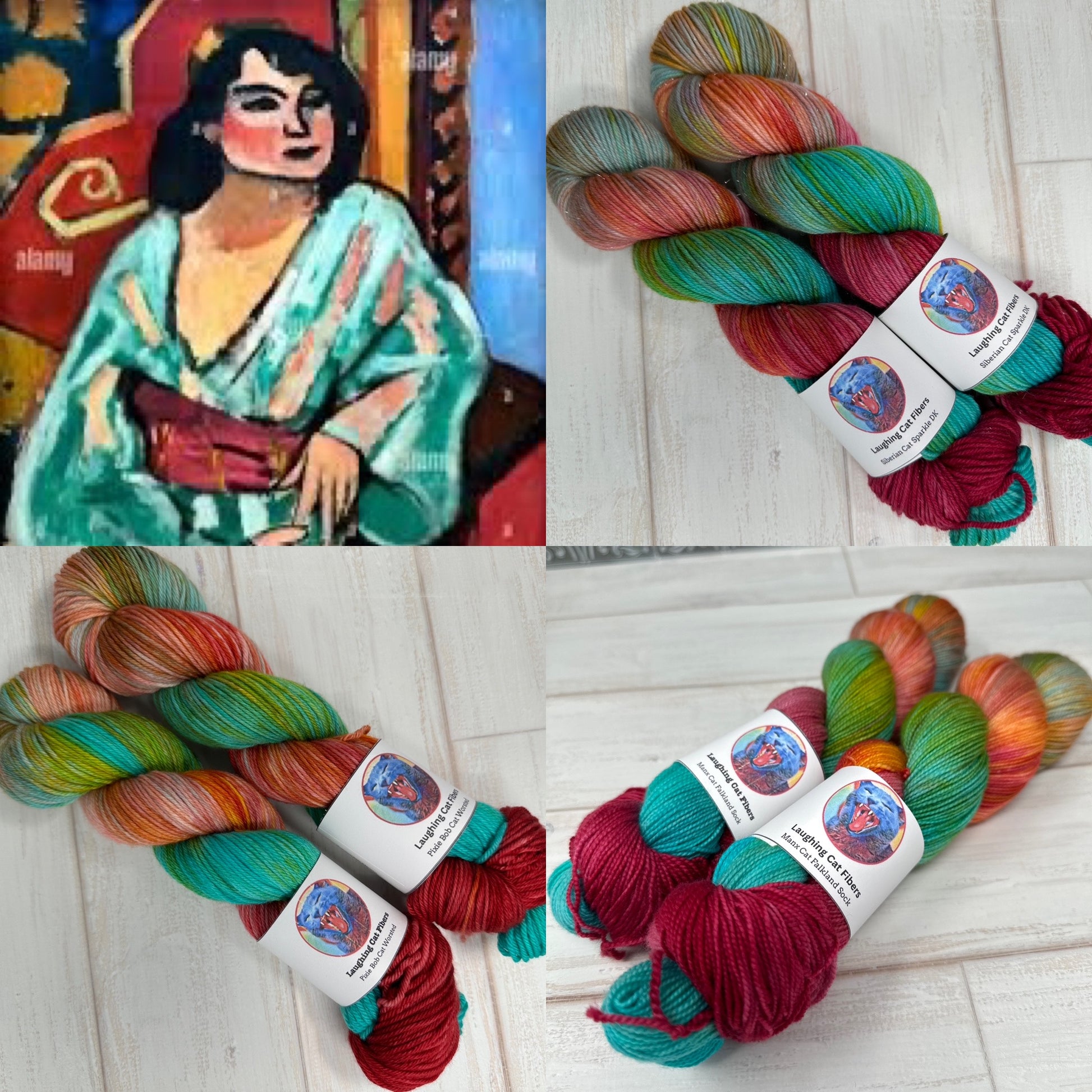 Colorful yarn skeins with labels on a wooden surface, inspired by a traditional painting.