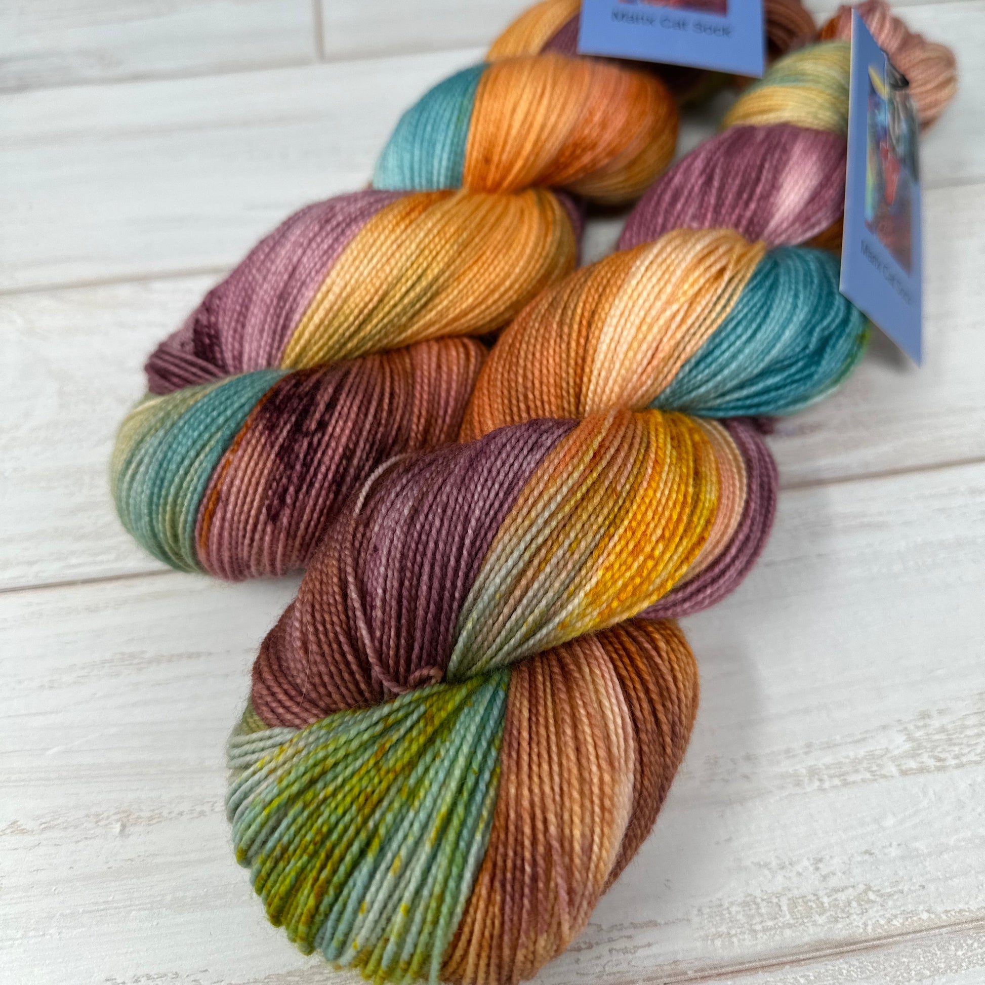 two skeins of hand dyed yarn by Laughing Cat Fibers 