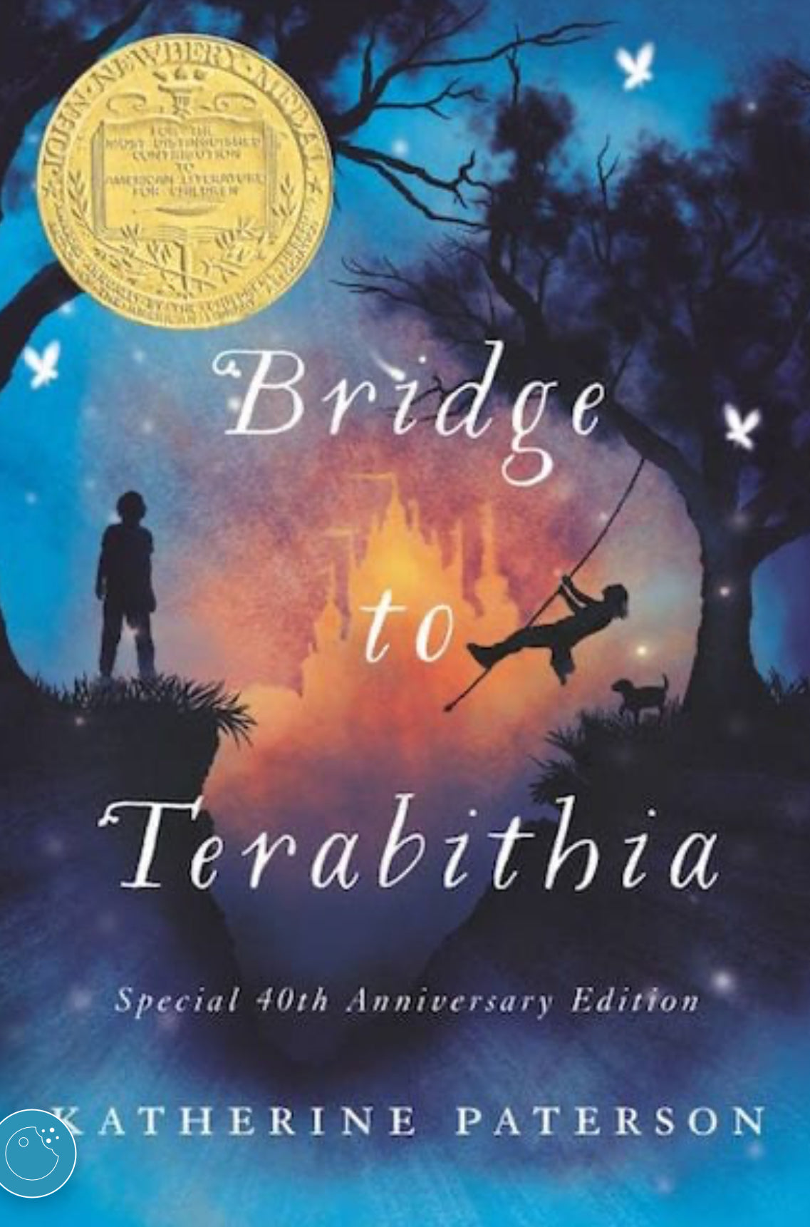 Book cover of 'Bridge to Terabithia' with a silhouette of two children and a gold medal on a blue background.