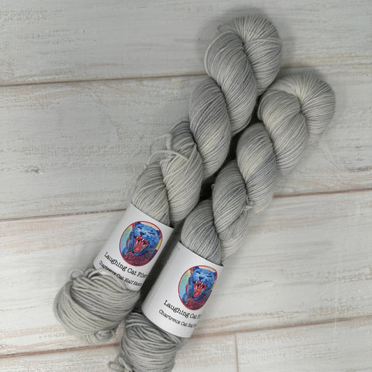 Two skeins of a gray tonal dyed by Laughing Cat Fibers in their Silver Gourd colorway 