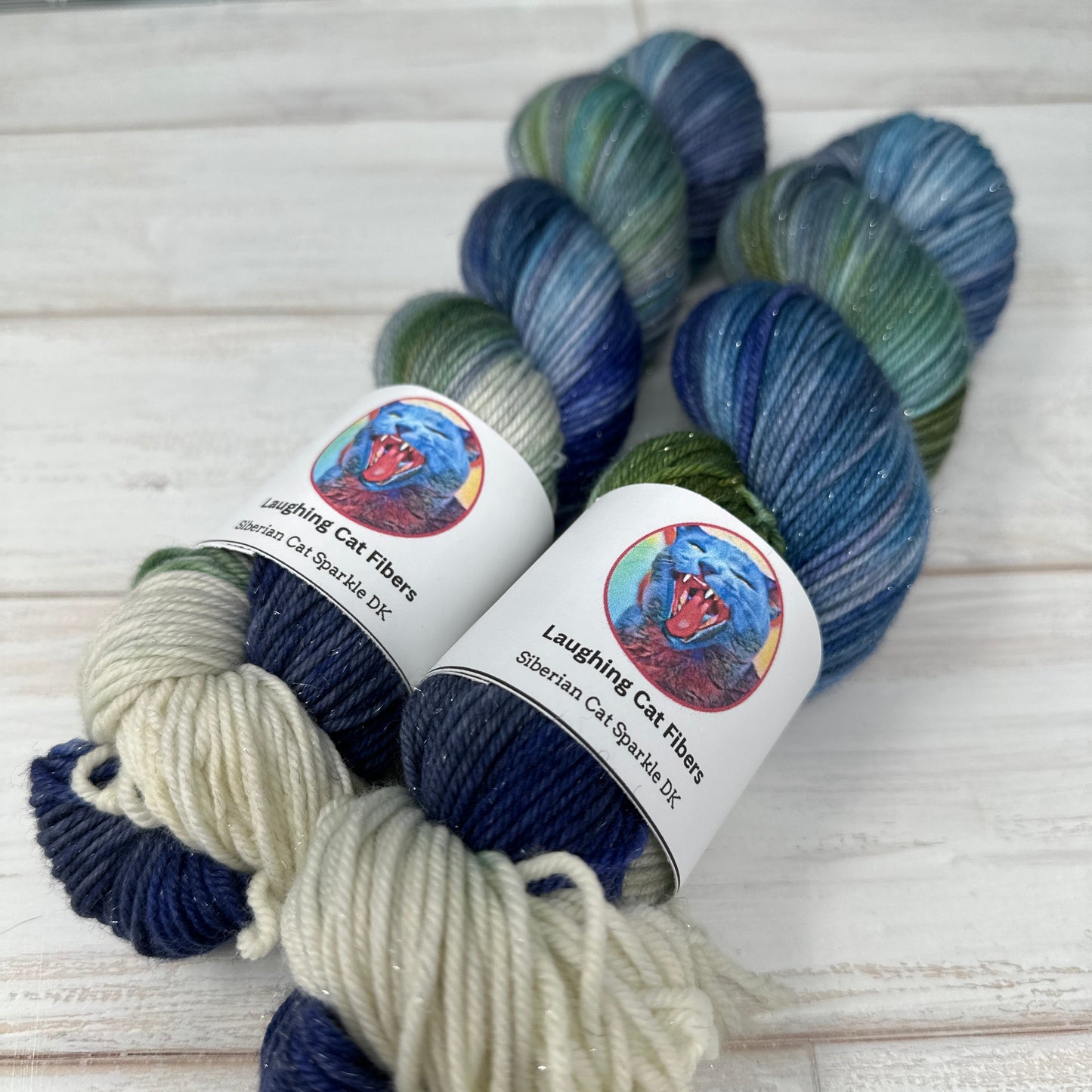 Two skeins of sparkle DK hand dyed yarn by Laughing Cat Fibers in their Boreas colorway