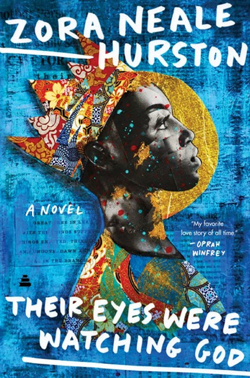 Book cover of 'Their Eyes Were Watching God' by Zora Neale Hurston with a stylized illustration of a woman's face.