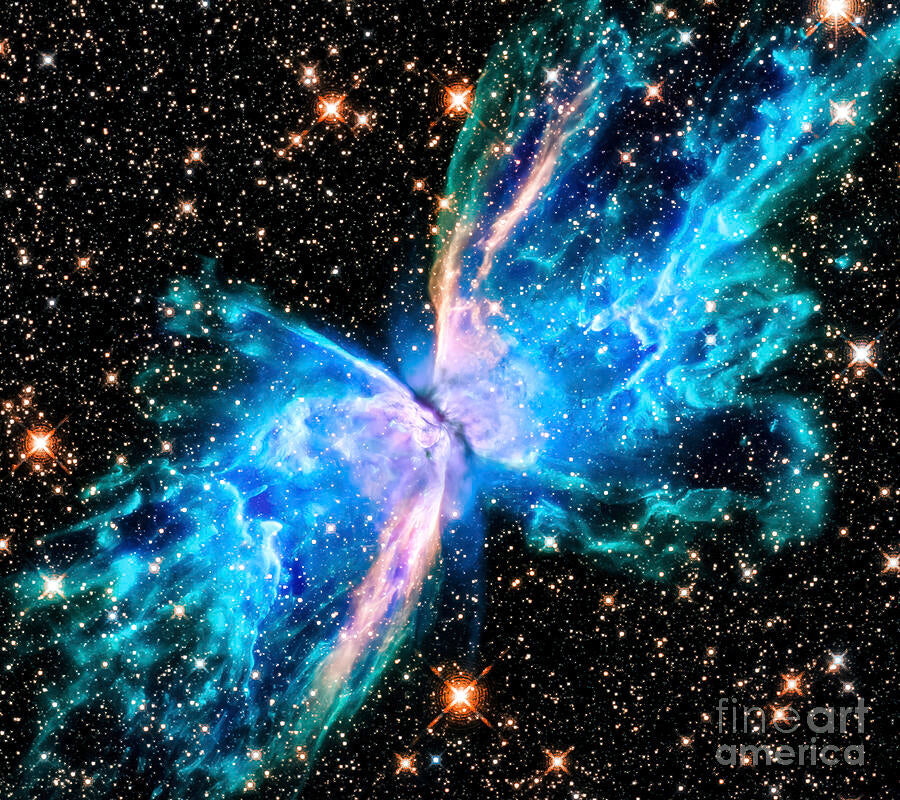 Butterfly nebula with vibrant colors against a starry space background