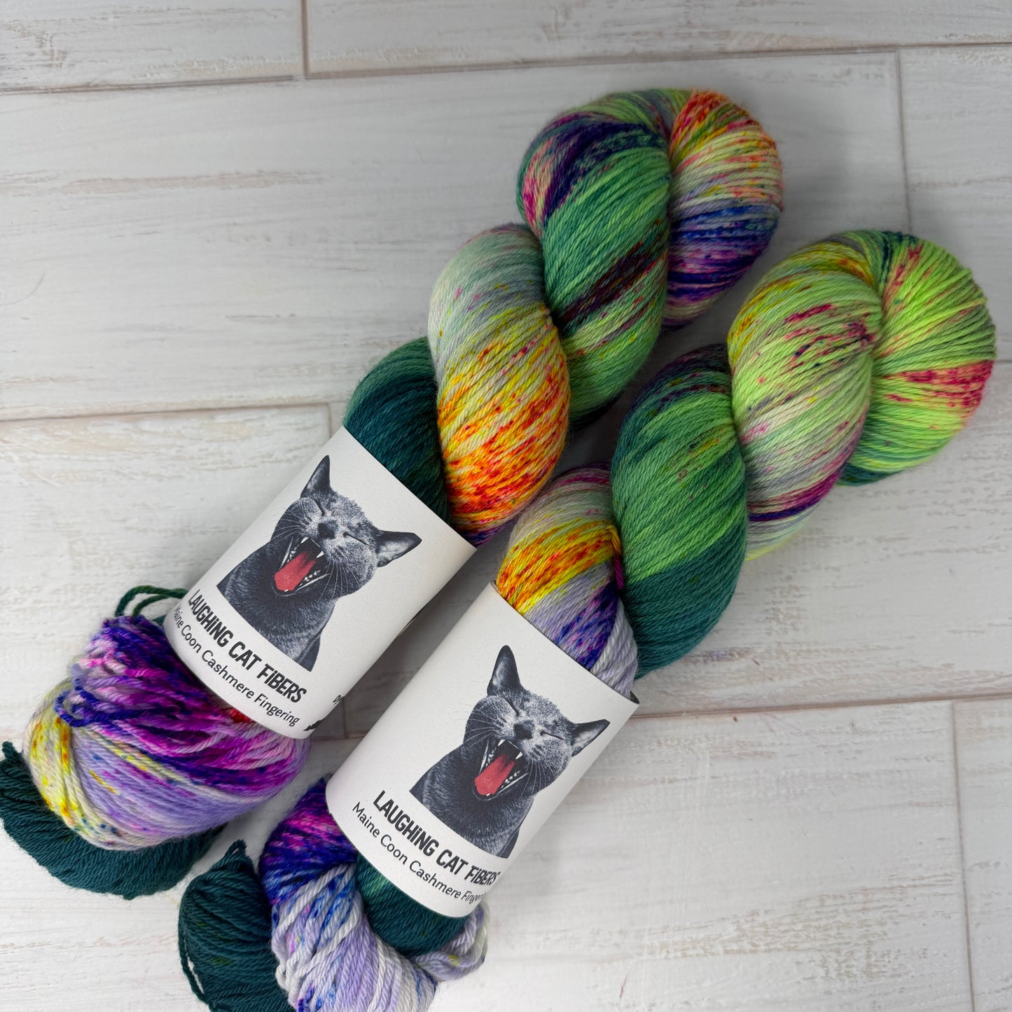 two skeins of MCN fingering hand dyed yarn  by Laughing Cat Fibers in their Ophelia colorway 