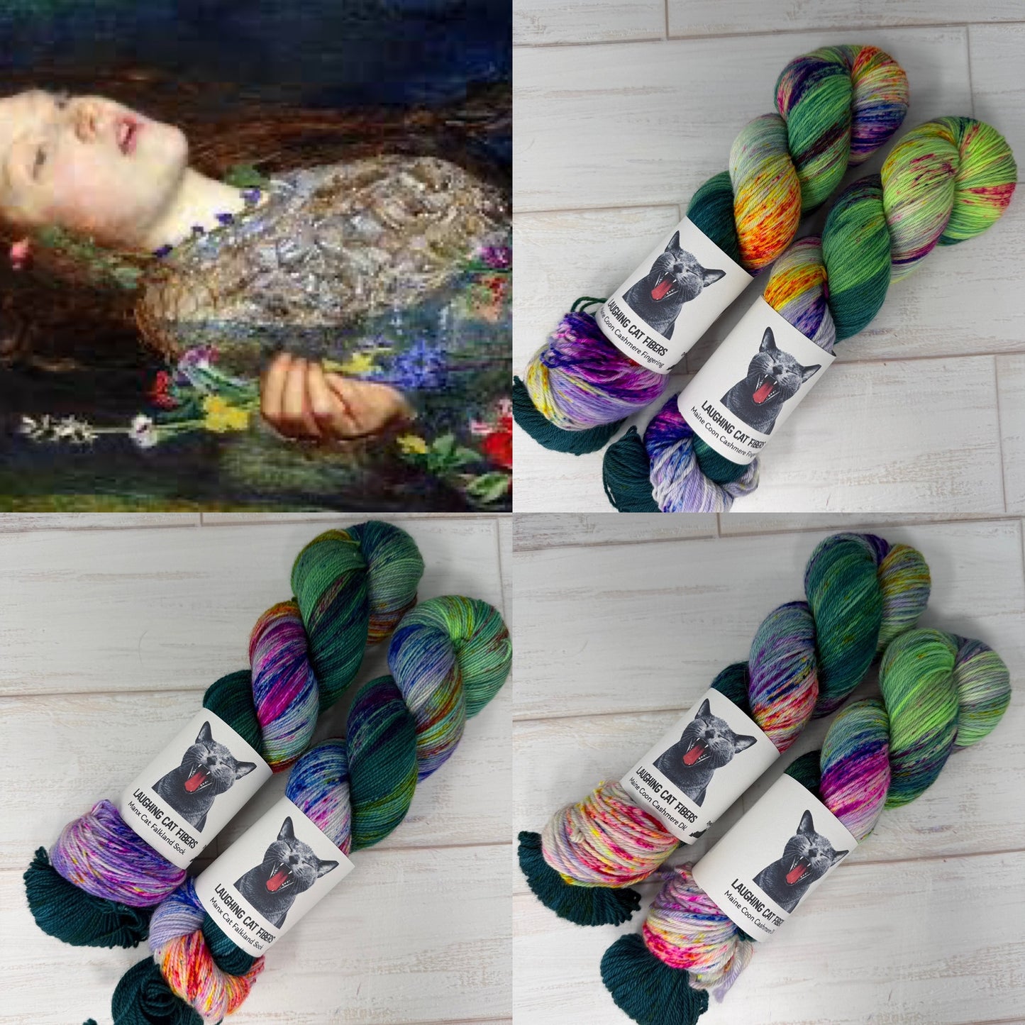 Colorful yarn skeins with dog labels on a white wooden surface, inspired by a classical painting.