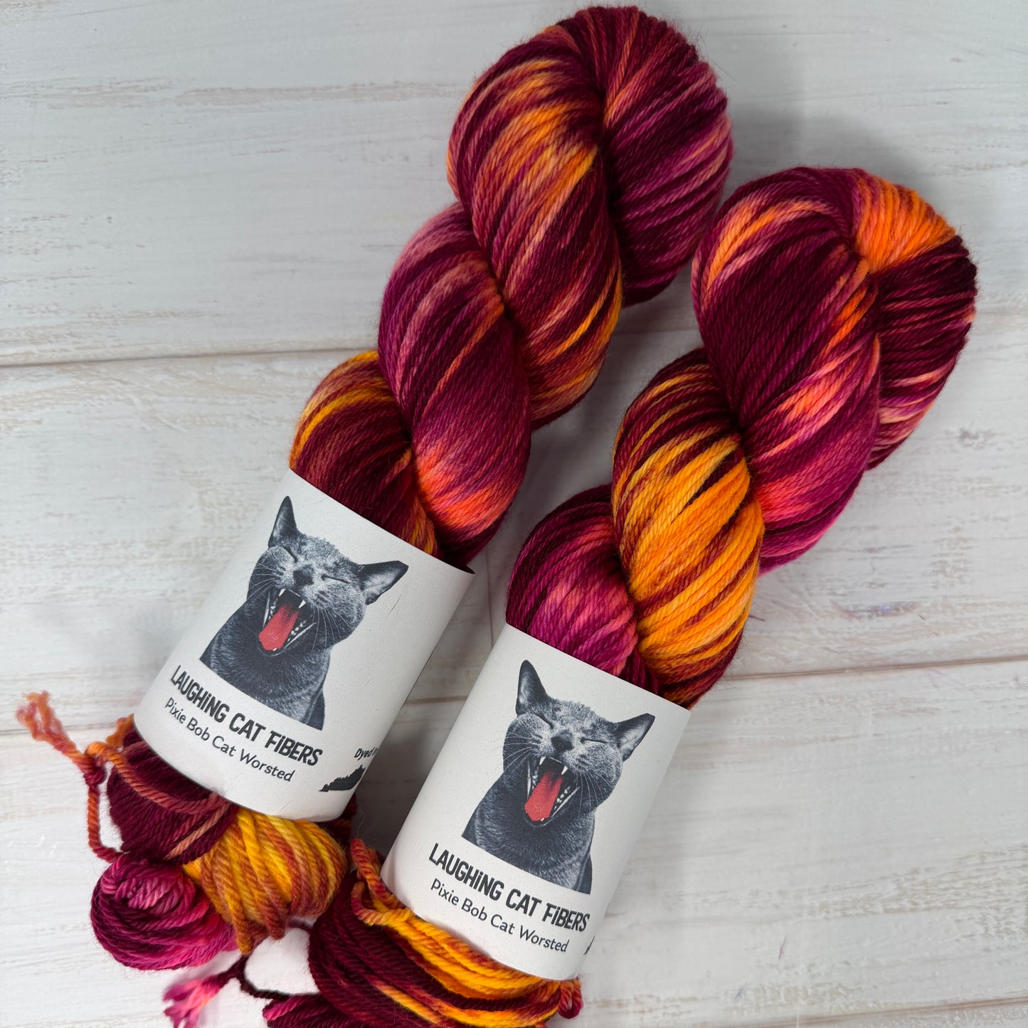 Two skeins of multicolored yarn with a cat-themed label on a light wooden background