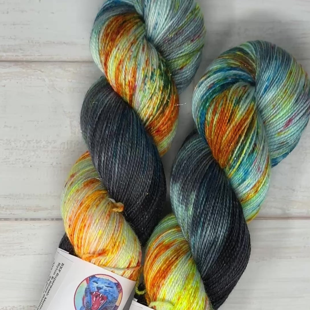 video clip of Hand of God on sparkle sock yarn by Laughing Cat Fibers 