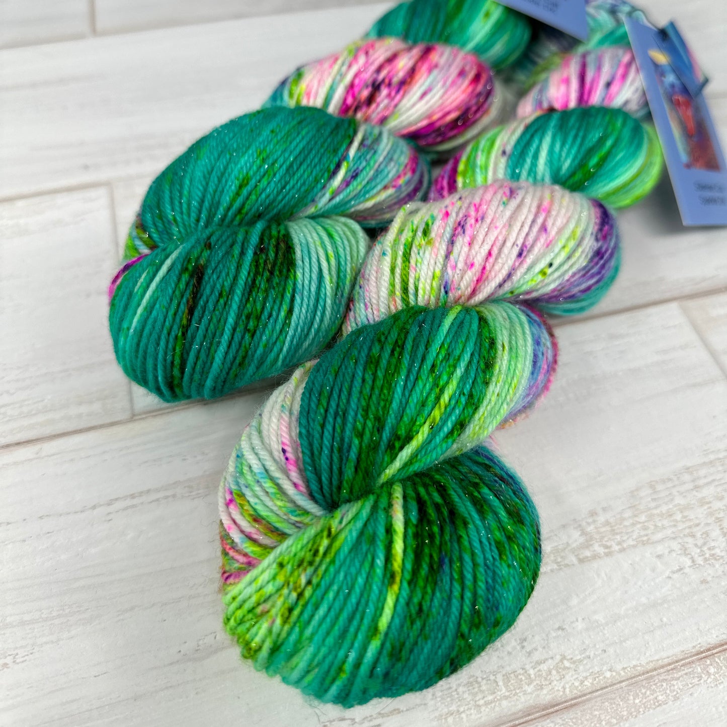 two skeins of multicolored hand dyed yarn by Laughing Cat Fibers in the Aurora Borealis colorway 