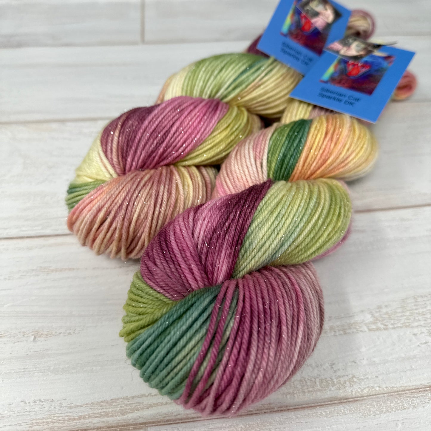 sparkle DK hand dyed yarn by Laughing Cat Fibers in their Psyche Entering Cupid's Garden colorway 