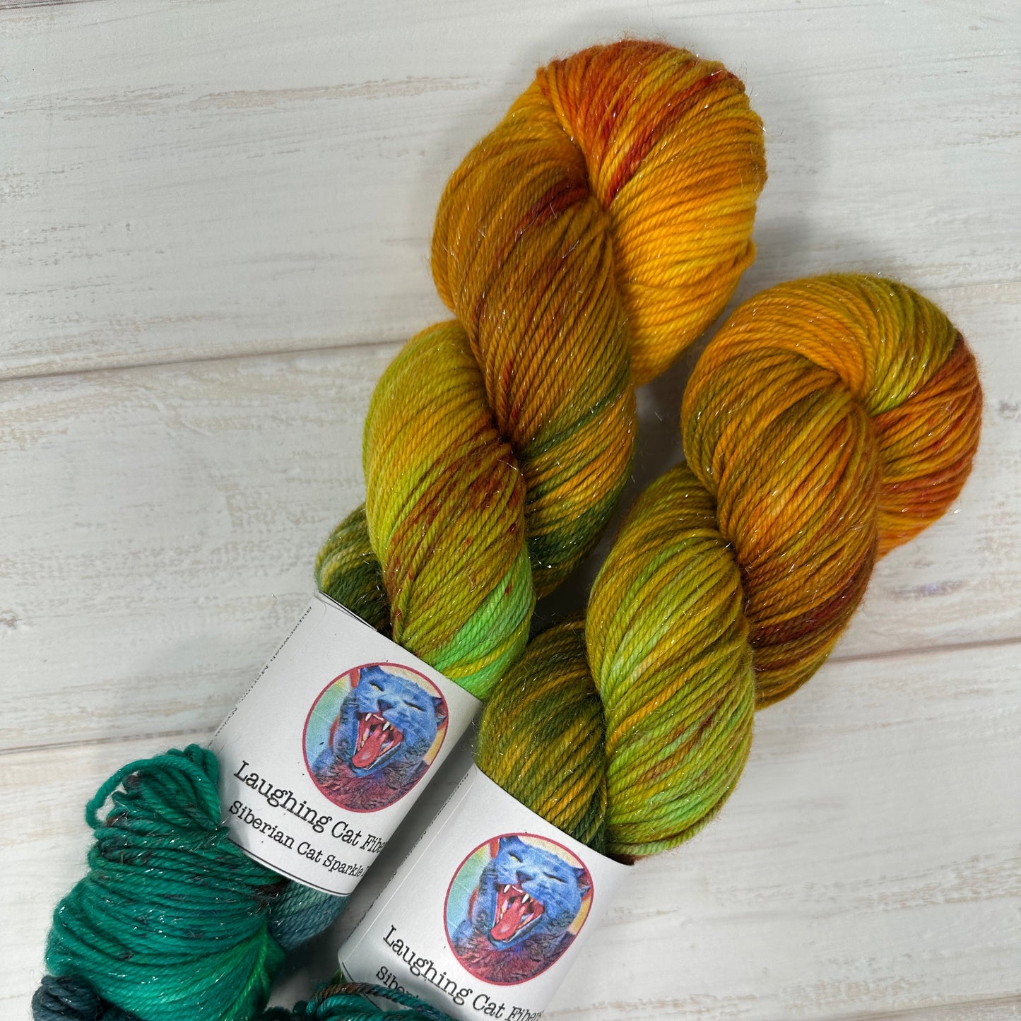 Colorful skeins of yarn hand dyed by Laughing Cat Fibers inspired by the banned book The Great Gatsby 