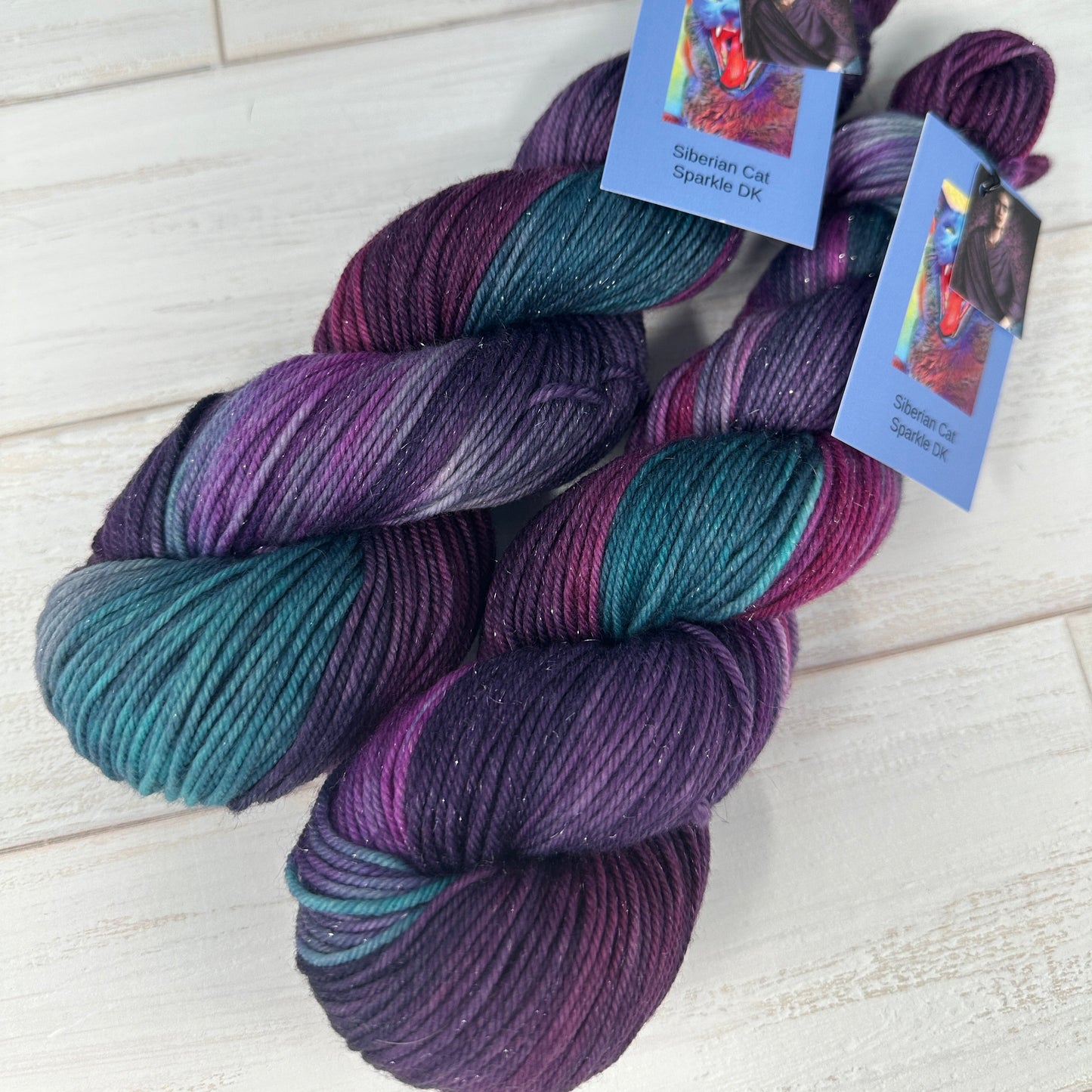 two skeins of hand dyed Sparkle DK yarn dyed by Laughing Cat Fibers in their Damas de Morado colorway