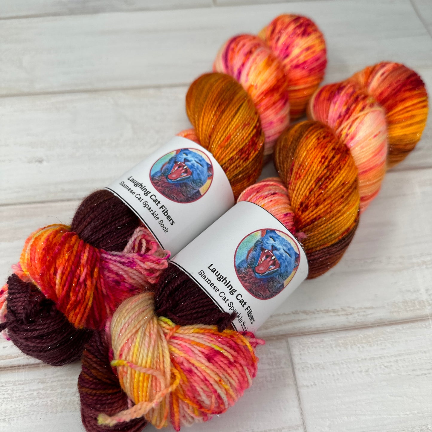 two skeins of sparkle sock yarn hand dyed by Laughing Cat Fibers in their Beads on a String colorway 
