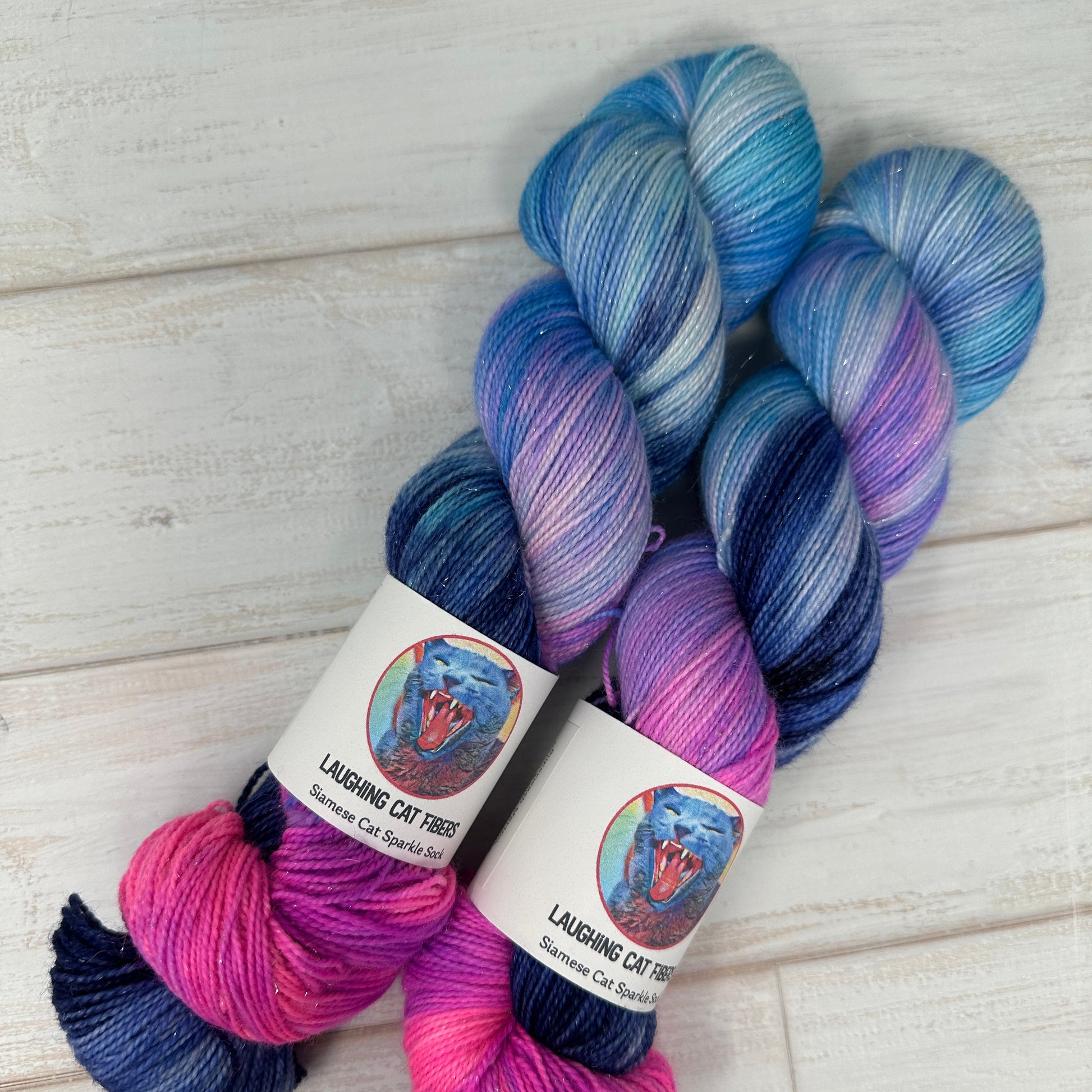 two skeins of hand dyed sparkle sock yarn by Laughing Cat Fibers in their Butterfly Nebula colorway 