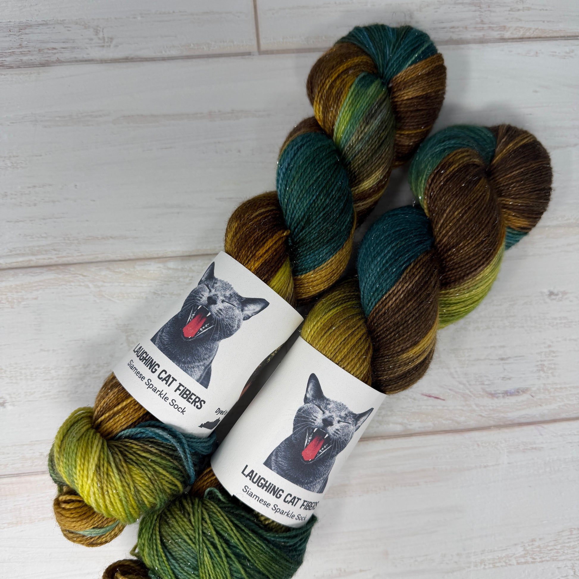 two skeins of sparkle sock hand dyed yarn by Laughing Cat Fibers in their Winter colorway 