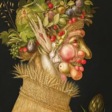 Artistic depiction of a rabbit with a crown of fruits and vegetables on a black background