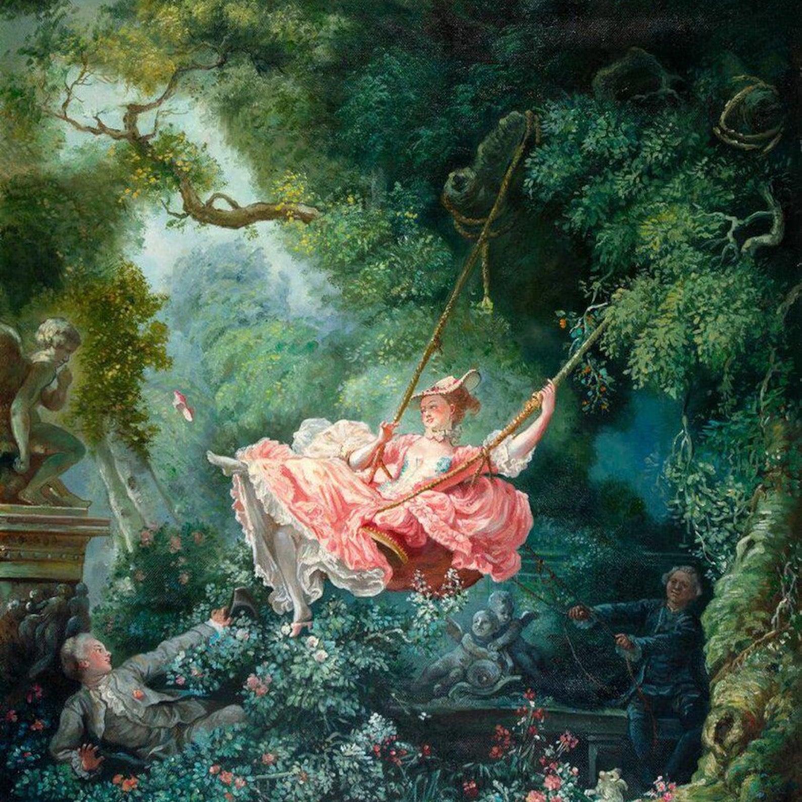Painting of a woman in a pink dress swinging in a garden with classical architecture and figures.