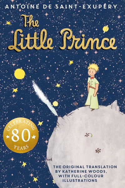 Book cover of 'The Little Prince' with a child on a planet and stars in the background.