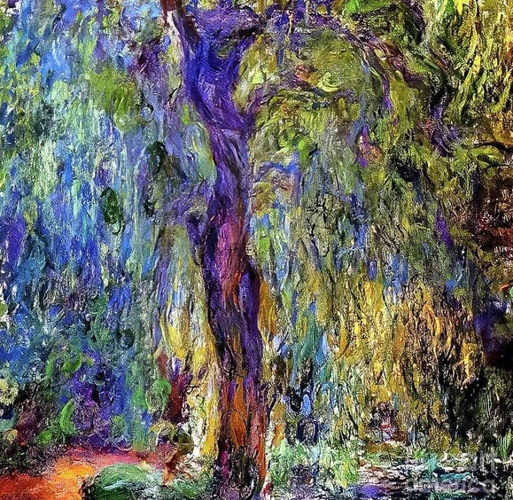 Colorful abstract painting of a tree with vibrant greens, purples, and yellows.