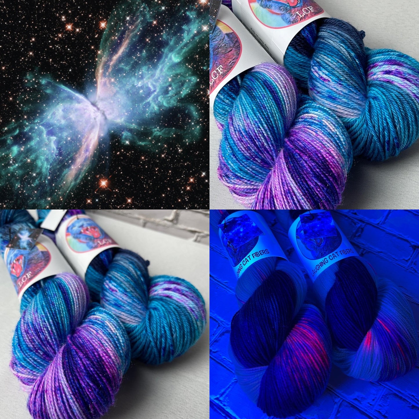 "Butterfly Nebula" on Various Yarn Bases