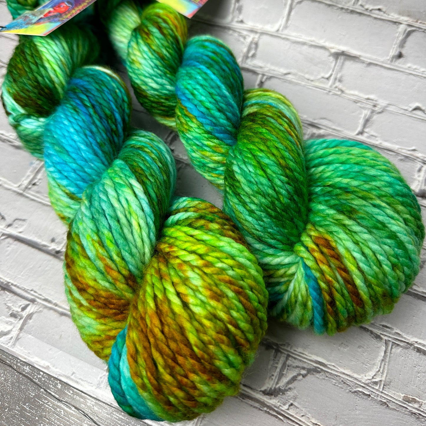 two skeins of hand dyed bulky yarn by Laughing Cat Fibers in their Copper Patina colorway 