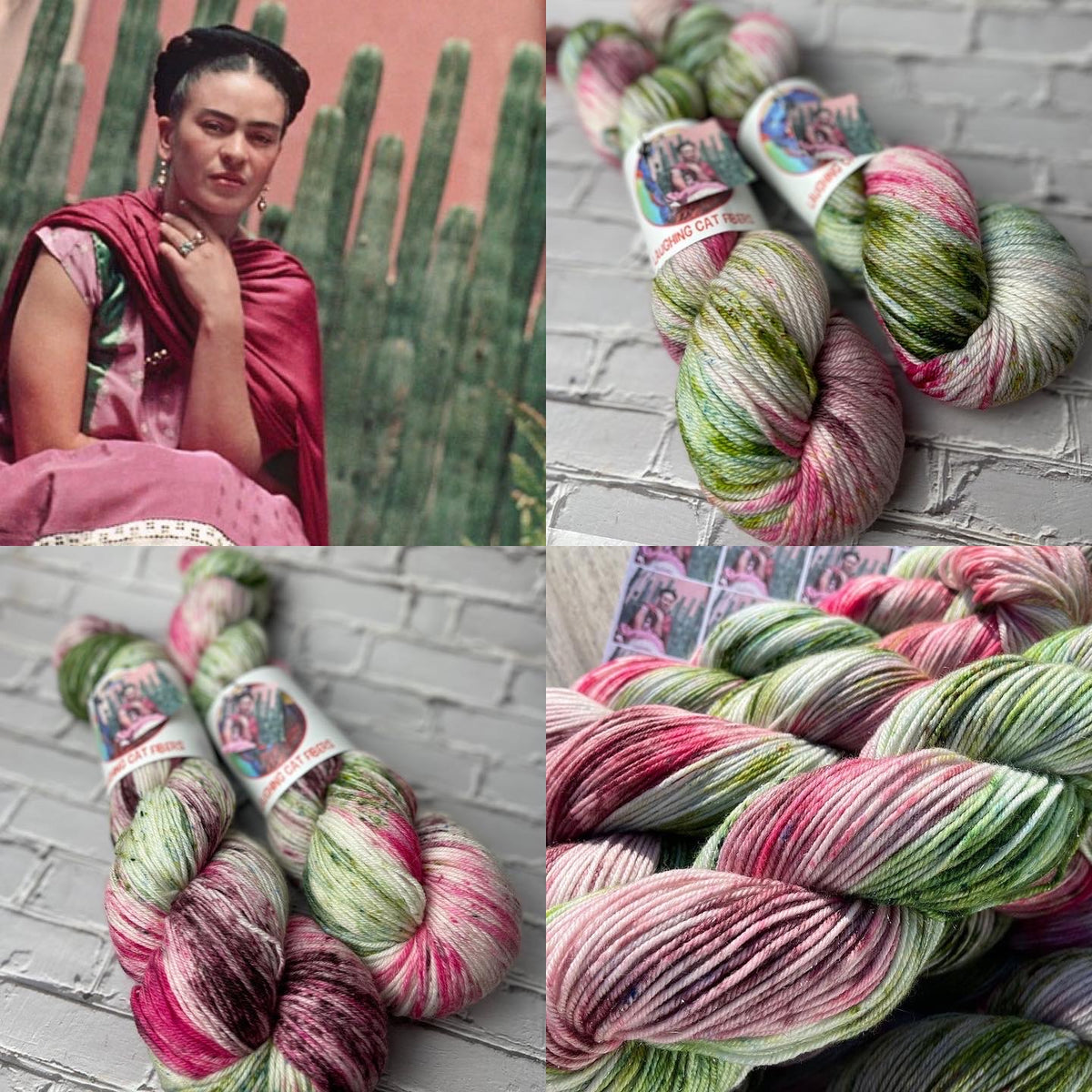 A collage of yarn skeins in a cactus-inspired colorway with green, pink, and white stripes, alongside an artistic representation of the artist Frida Kahlo.