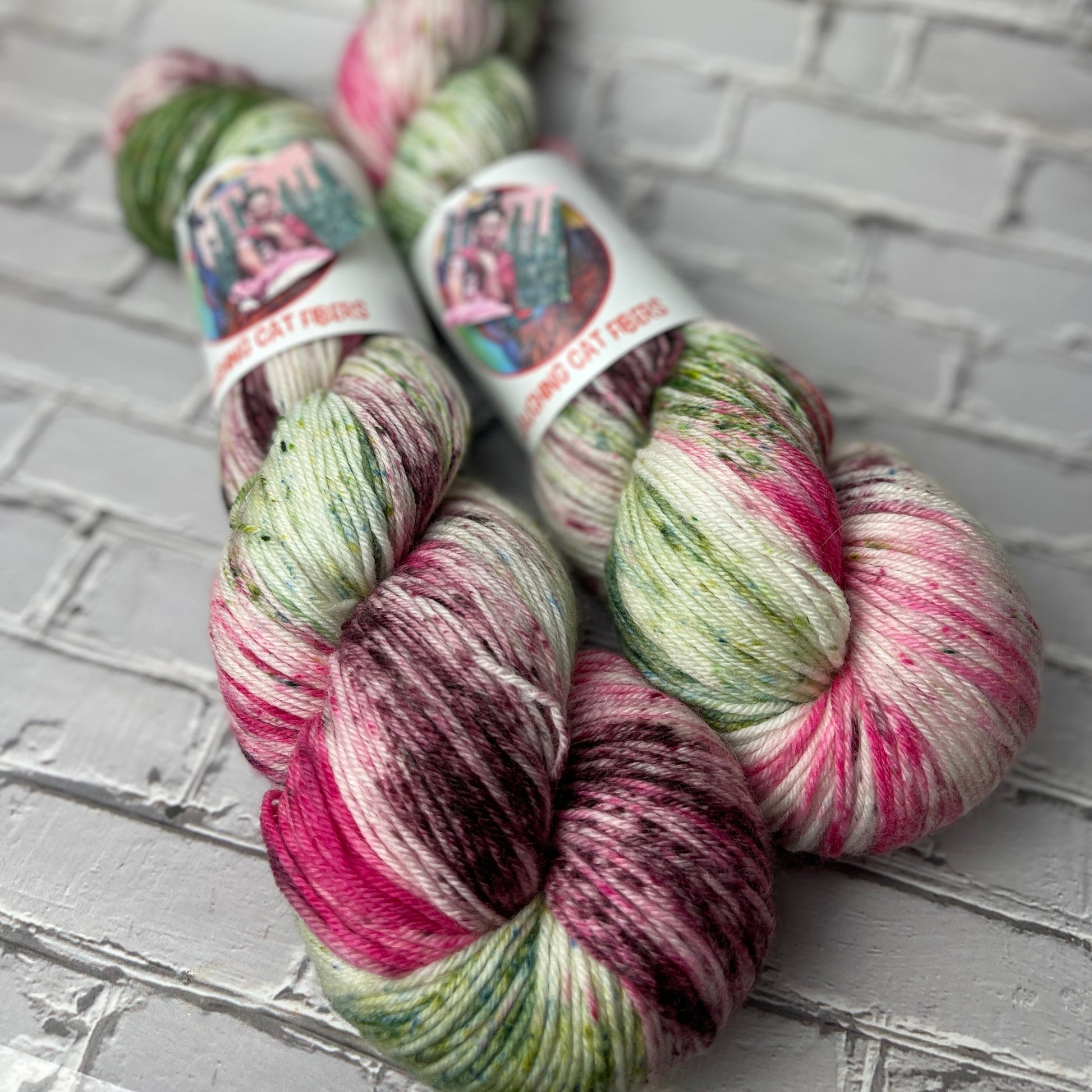 two skeins of the los cactus colorway hand dyed by Laughing Cat Fibers