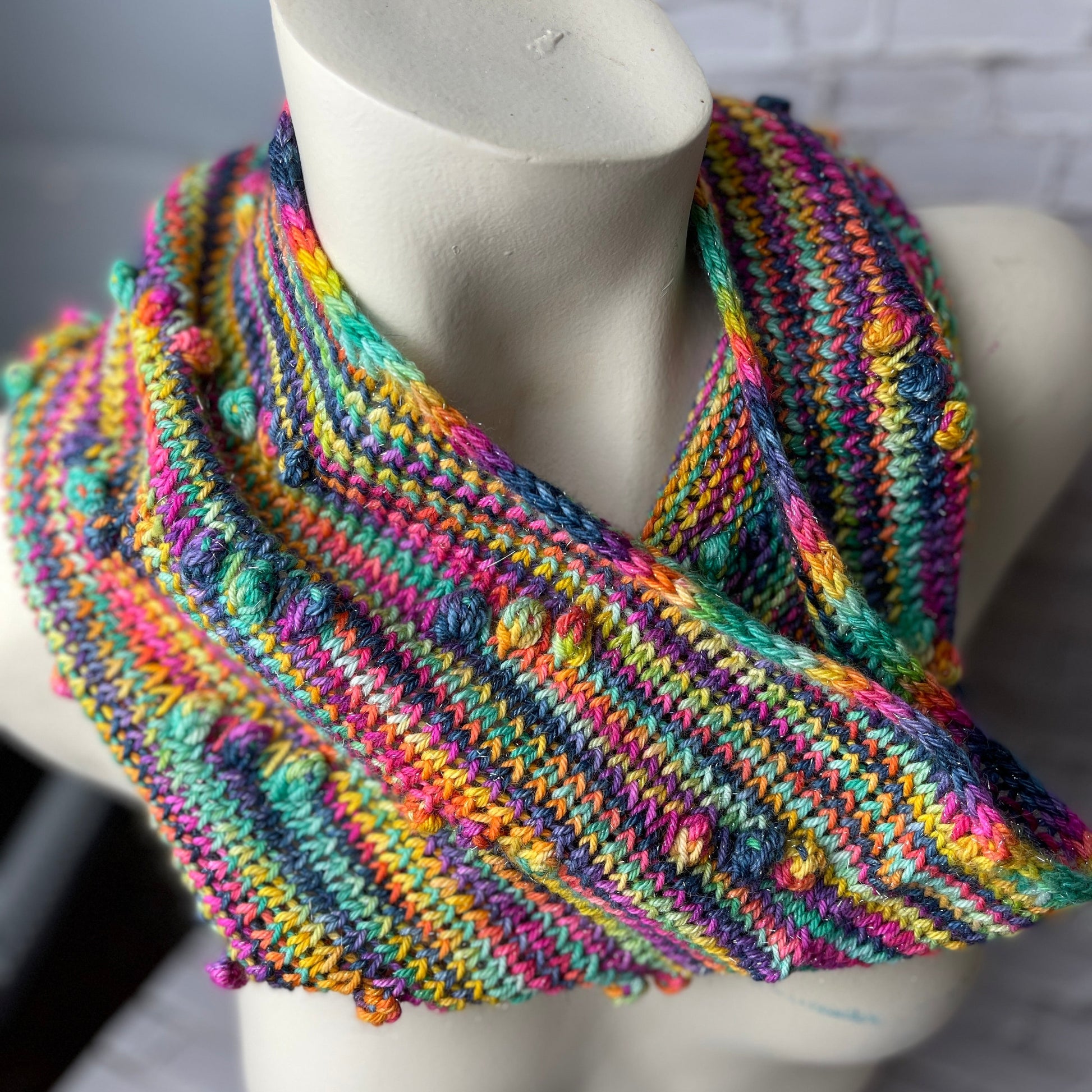 knitted cowl in Orion Nebula yarn by Laughing Cat Fibers 