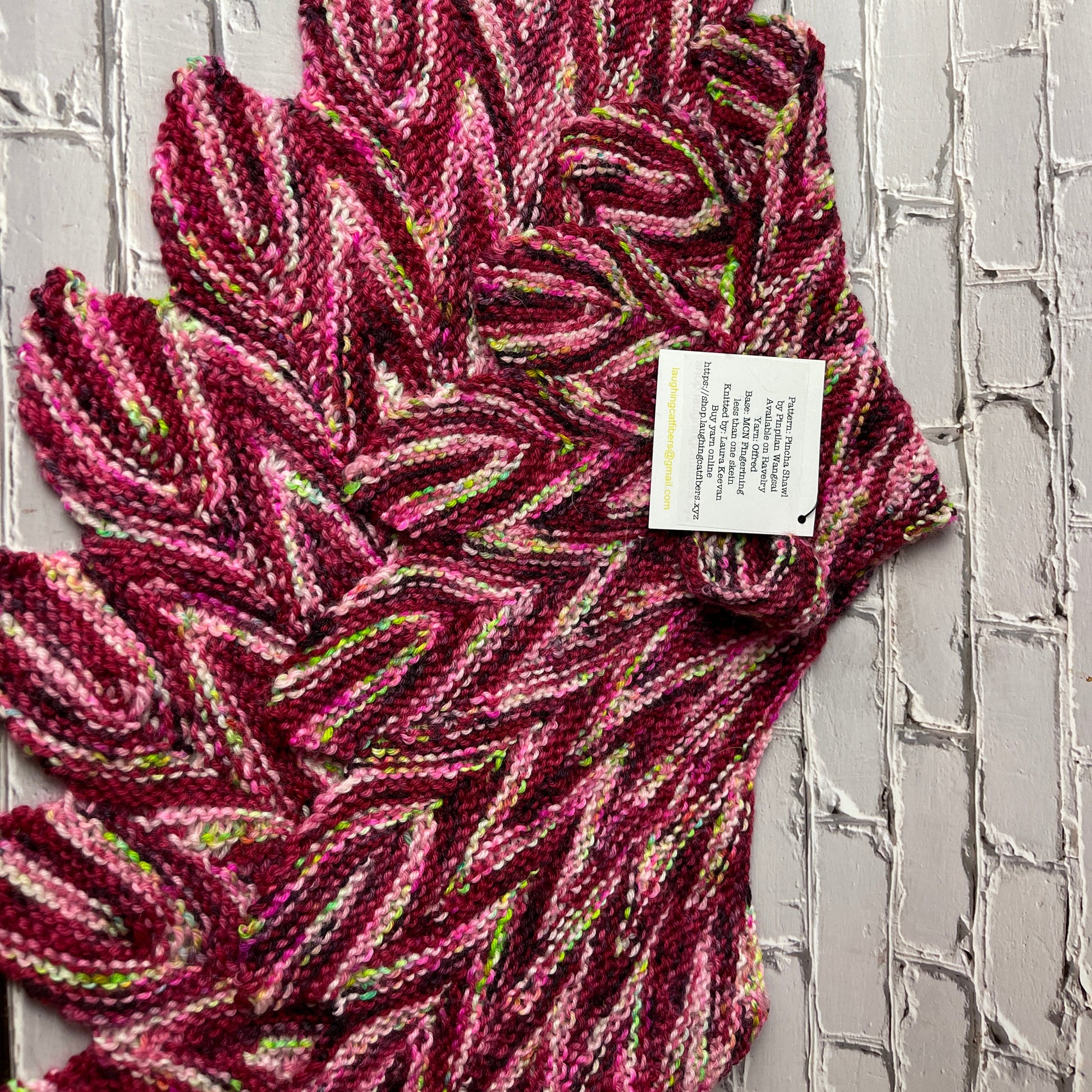 Pincha Shawl knit by Laura of Laughing Cat Fibers in their Offred colorway