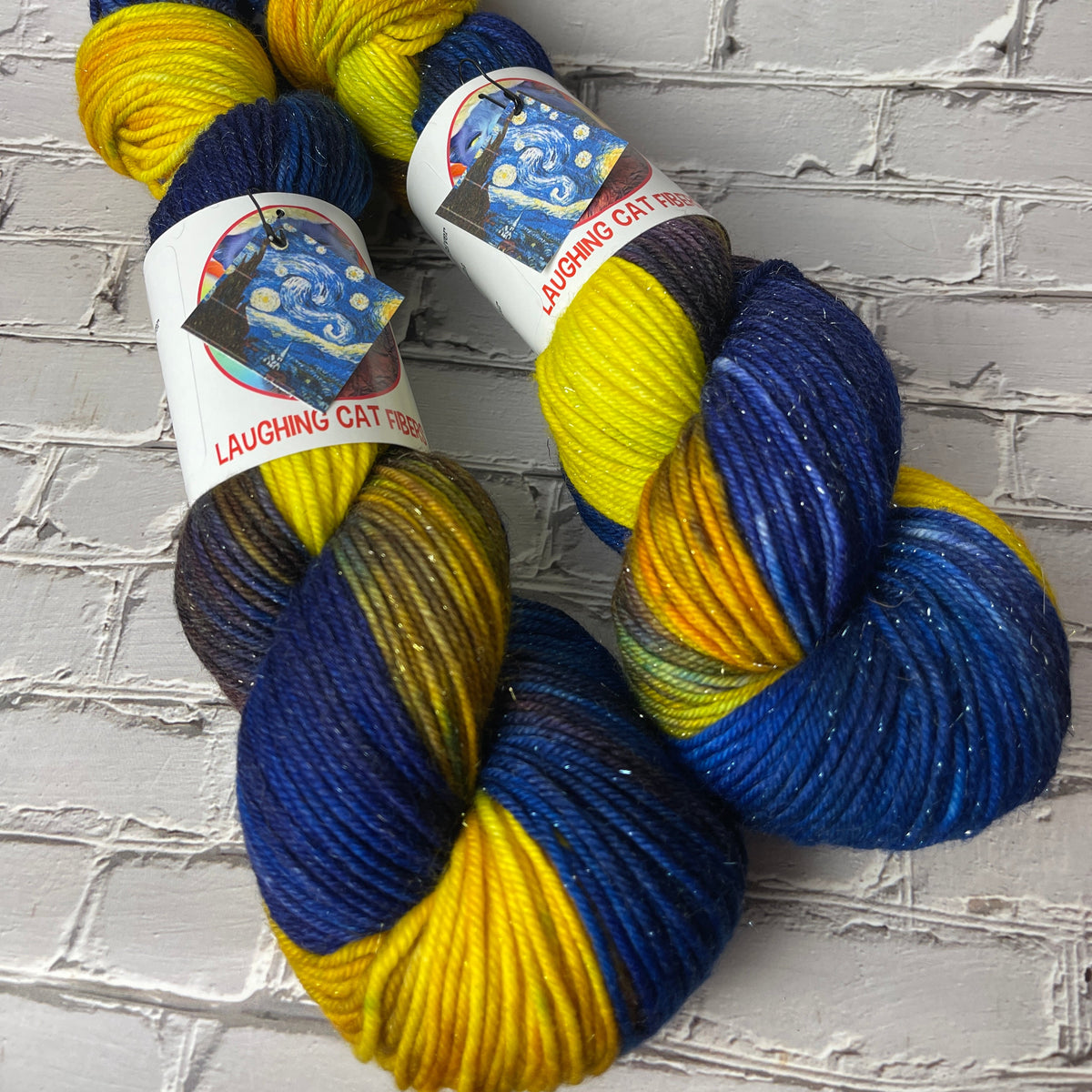 hand dyed sparkle DK yarn by Laughing Cat Fibers dyed in their Jenny's Starry Night colorway 