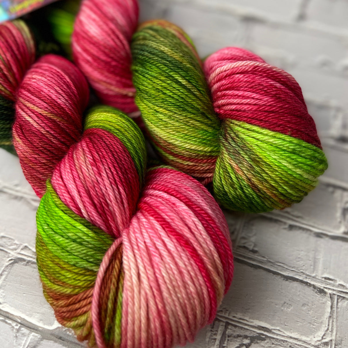 two skeins of worsted hand dyed yarn by Laughing Cat Fibers in their Viva la Vida colorway