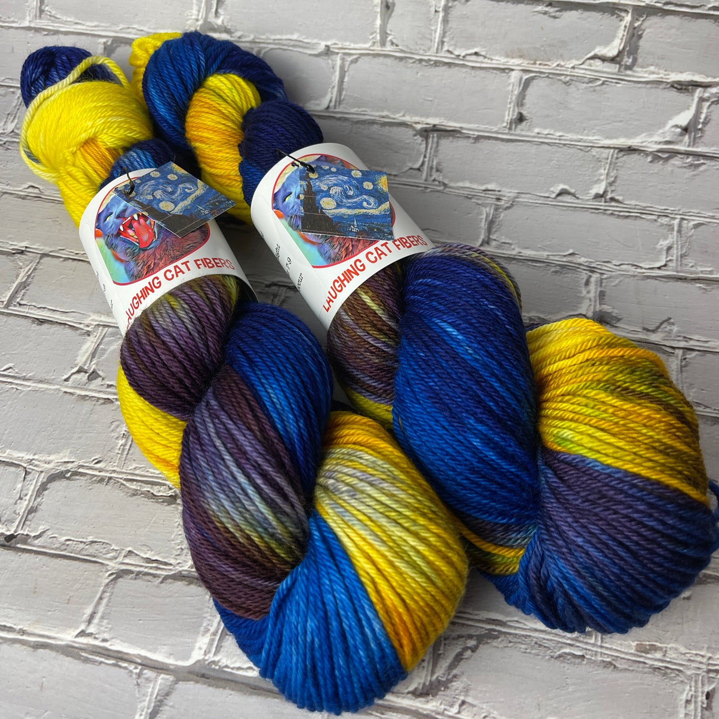 two skeins of worsted yarn dyed by Laughing Cat Fibers in their Jenny's Starry Night colorway 