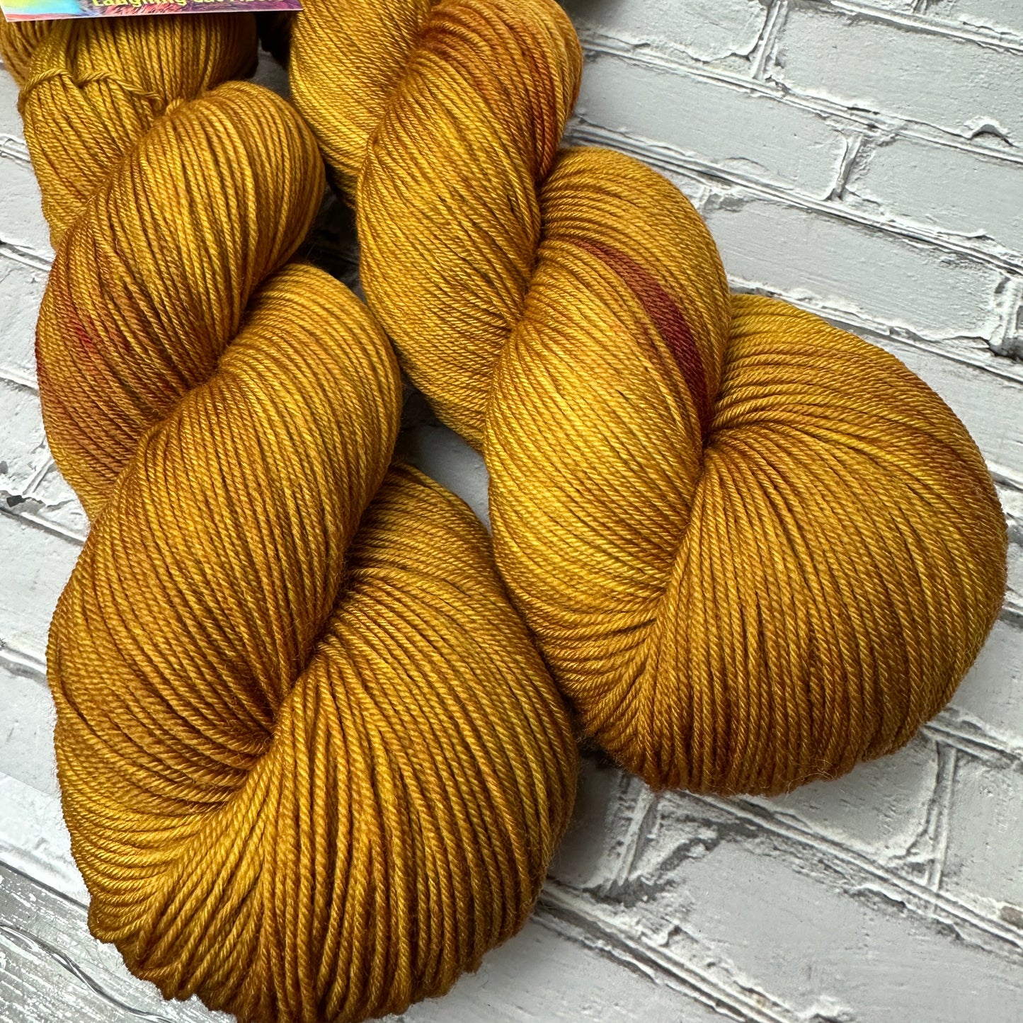 two skeins of a hand dyed tonal by Laughing Cat Fibers in their Tobacco Leaf colorway