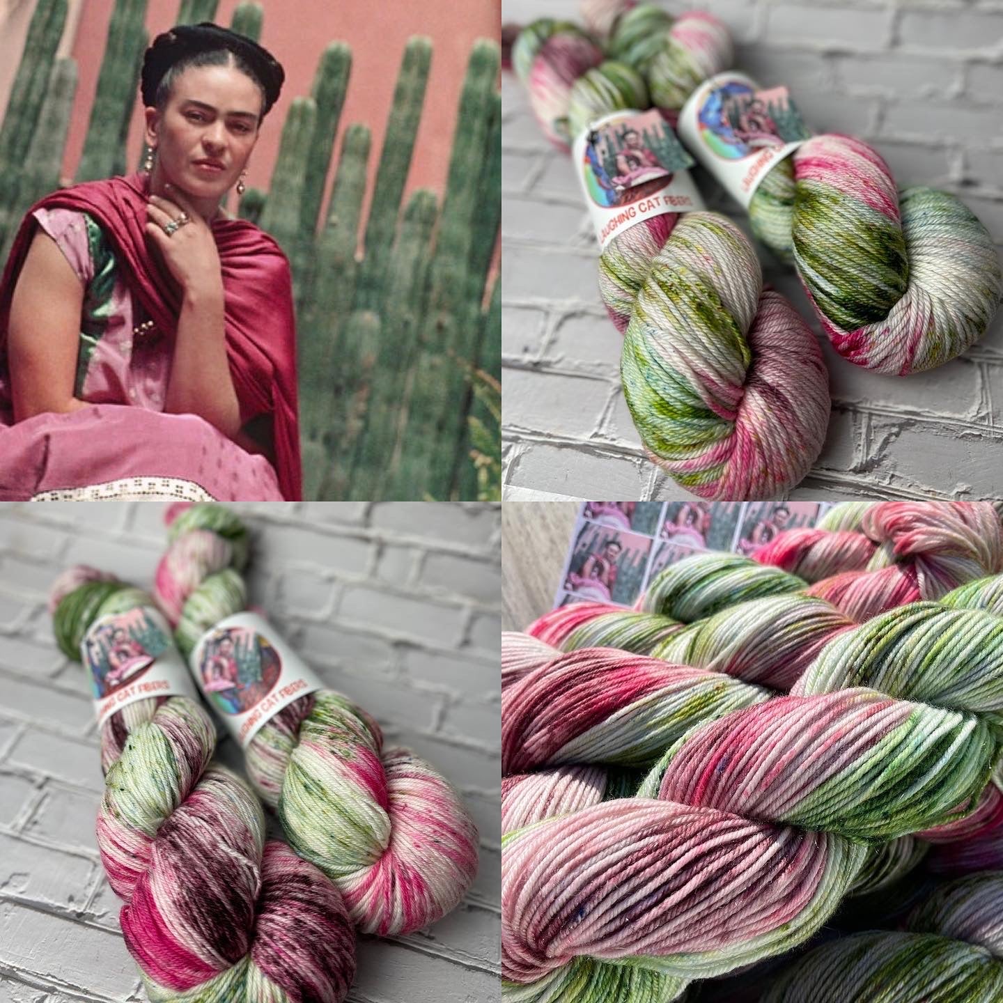 A collage of yarn skeins in a cactus-inspired colorway with green, pink, and white stripes, alongside an artistic representation of the artist Frida Kahlo.