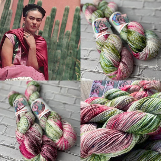 A collage of yarn skeins in a cactus-inspired colorway with green, pink, and white stripes, alongside an artistic representation of the artist Frida Kahlo.