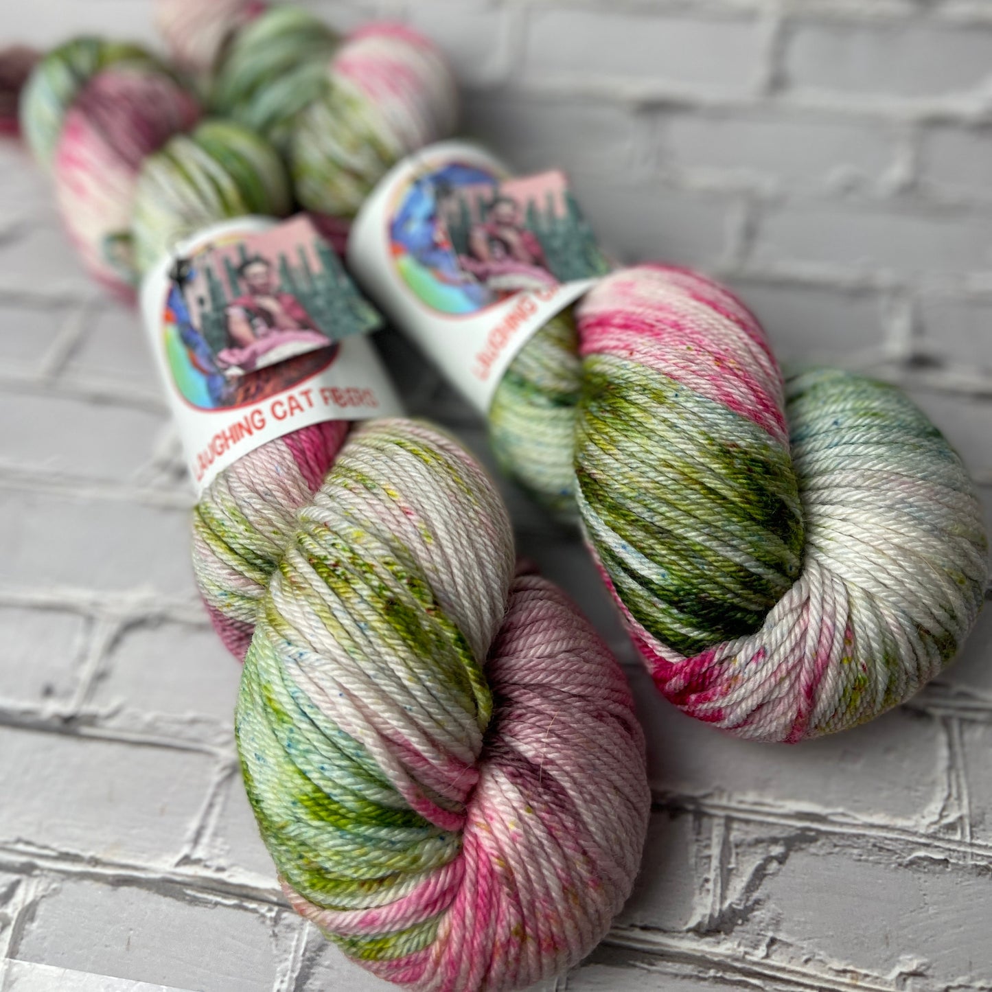 two skeins of yarn hand dyed by Laughing Cat Fibers