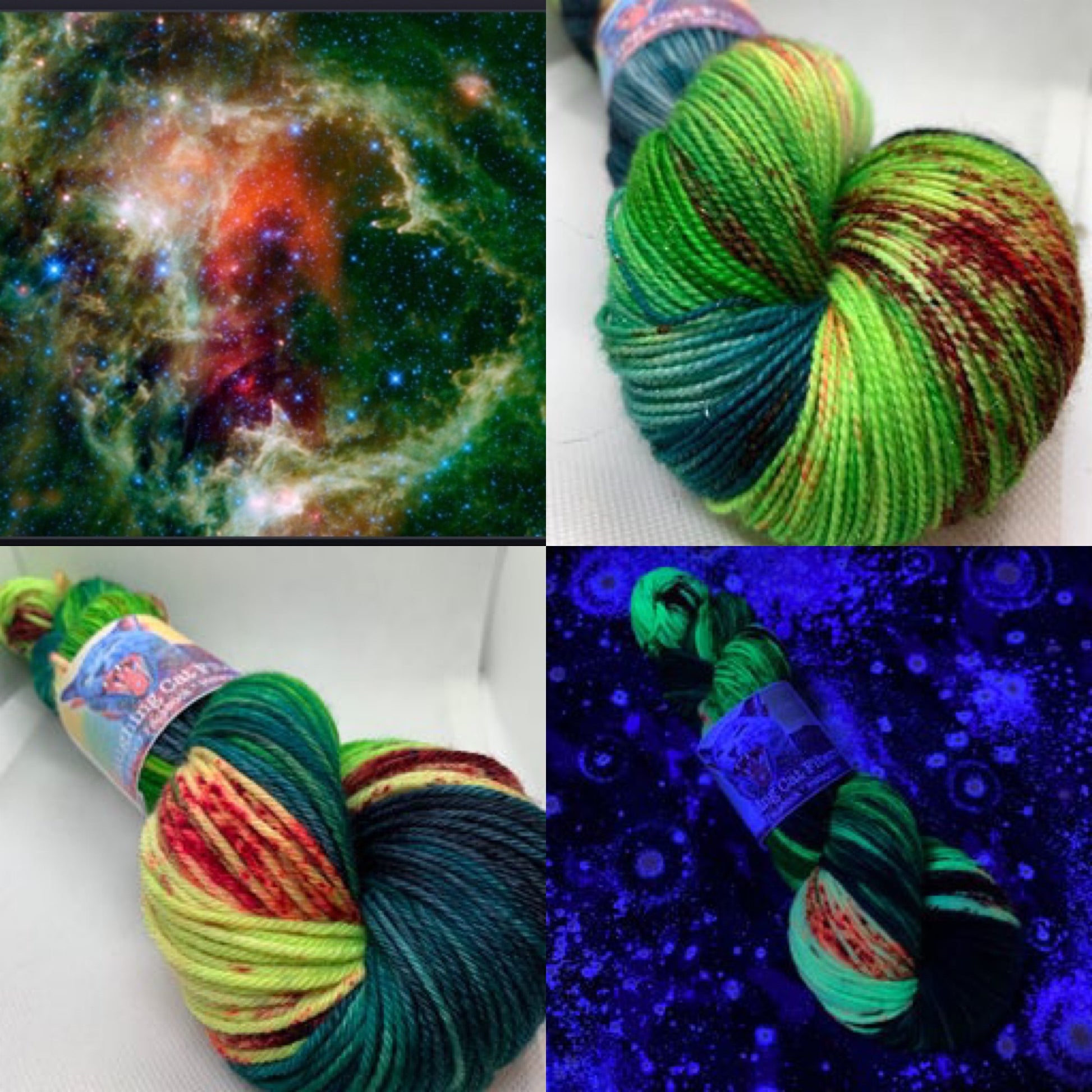 A collage showing skeins of multicolored yarn with shades of green and speckles, both under normal light and under UV light to highlight its reactive color.