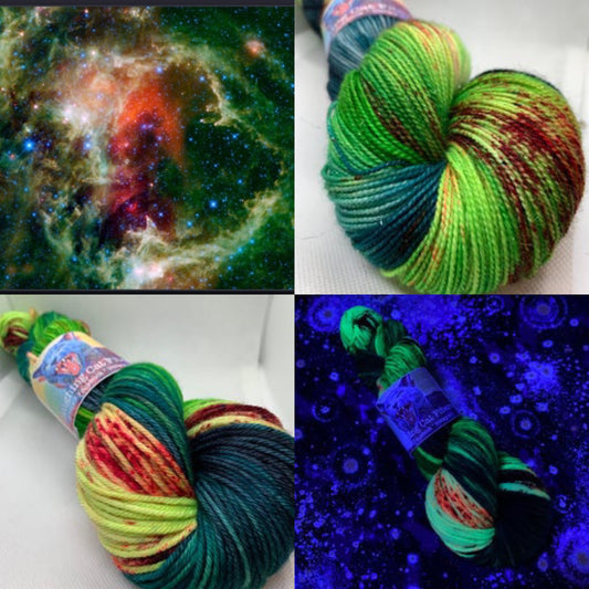 A collage showing skeins of multicolored yarn with shades of green and speckles, both under normal light and under UV light to highlight its reactive color.