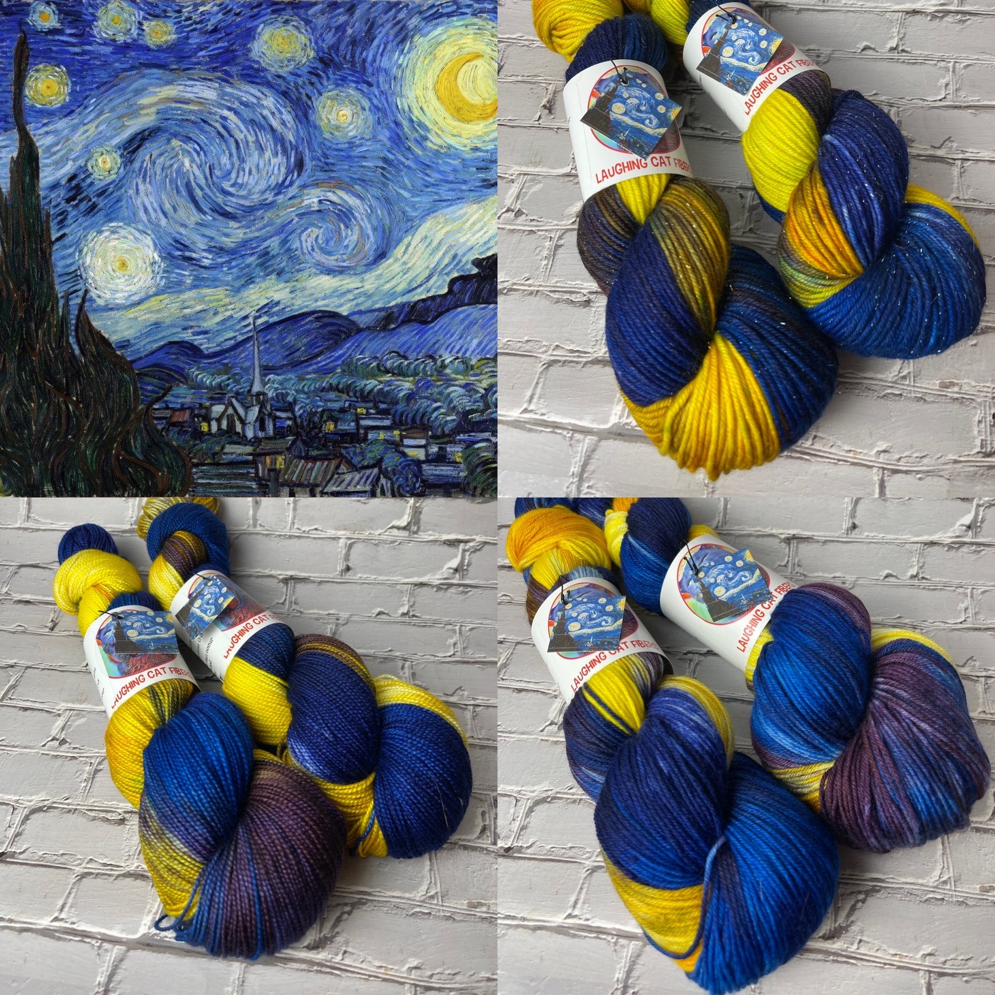 A collection of yarn skeins in colors blue, yellow, and purple arranged in a pattern that resembles the 'Starry Night' painting by Vincent Van Gogh, placed next to the actual artwork.