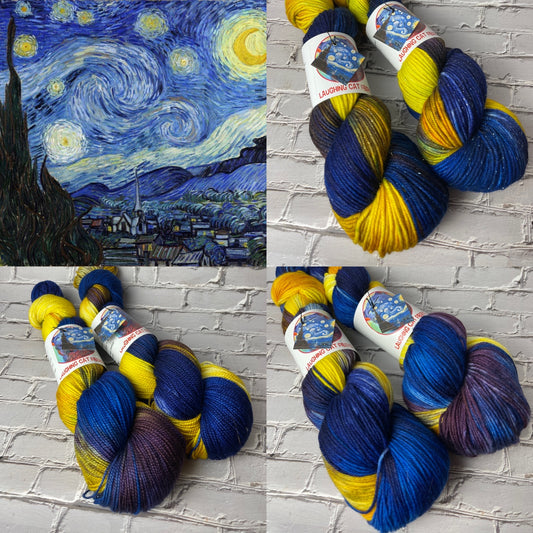A collection of yarn skeins in colors blue, yellow, and purple arranged in a pattern that resembles the 'Starry Night' painting by Vincent Van Gogh, placed next to the actual artwork.