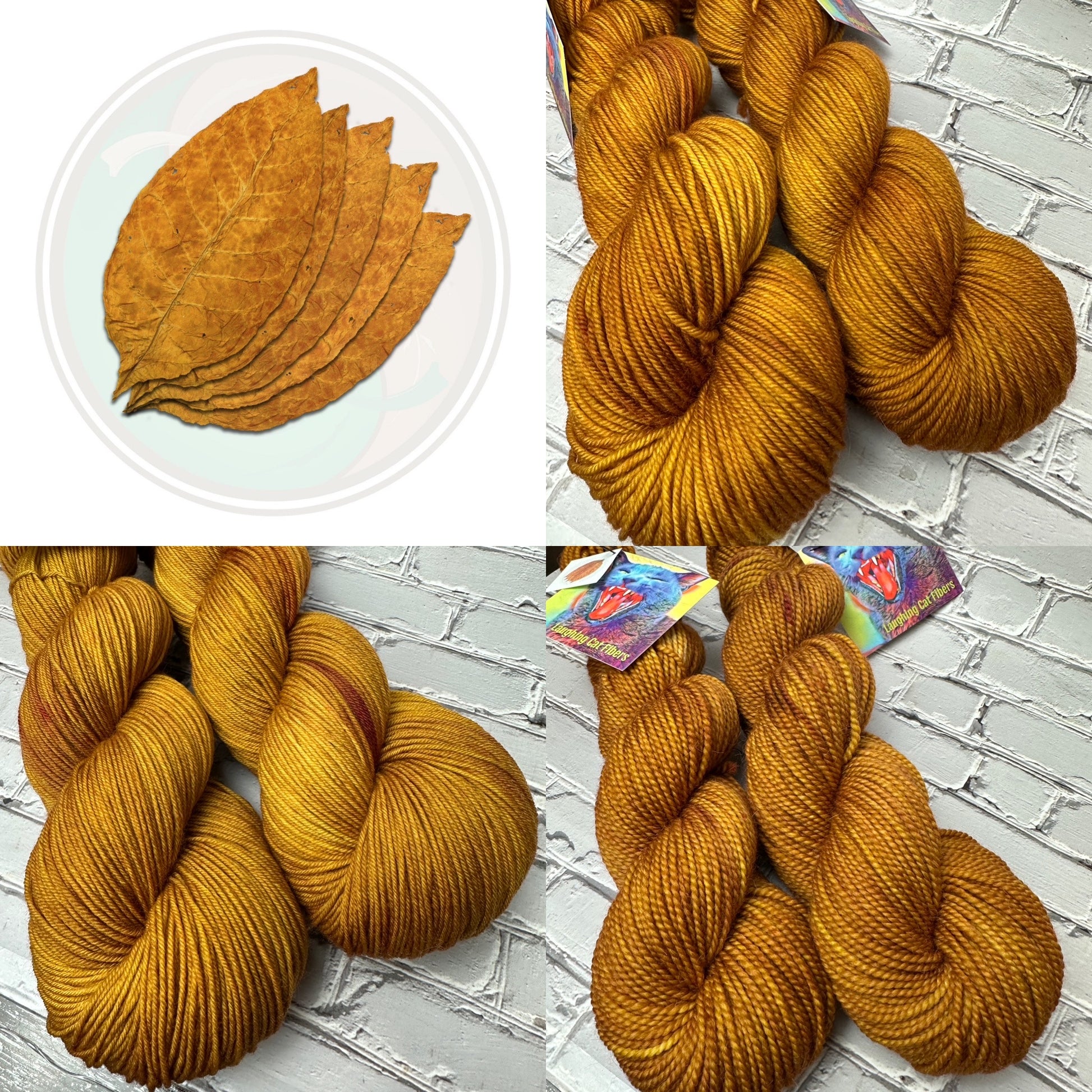 A collection of yarn skeins in a brown color, resembling the appearance of tobacco leaves, displayed on a brick background.